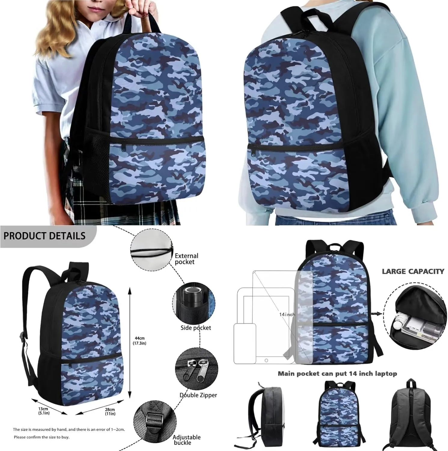 Poceacles Children’s School Backpack Set of 4 Contains Multicolour Backpack Lunch Box Bag Pencil Case Water Bottle Carrier with Adjustable Shoulder Straps for Primary Junior Middle School, Blue Camo
