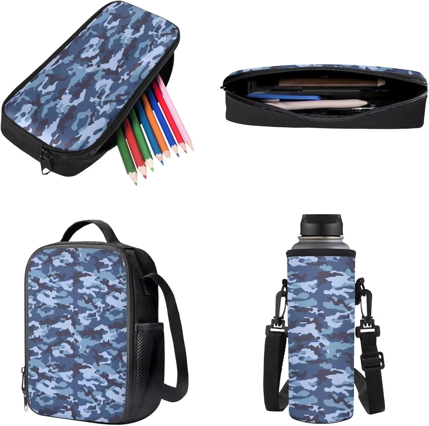 Poceacles Children’s School Backpack Set of 4 Contains Multicolour Backpack Lunch Box Bag Pencil Case Water Bottle Carrier with Adjustable Shoulder Straps for Primary Junior Middle School, Blue Camo