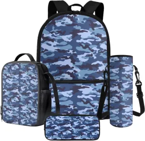 Poceacles Children’s School Backpack Set of 4 Contains Multicolour Backpack Lunch Box Bag Pencil Case Water Bottle Carrier with Adjustable Shoulder Straps for Primary Junior Middle School, Blue Camo