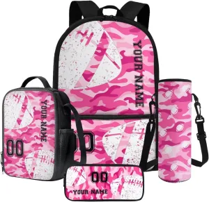 Poceacles Personalized Backpack and Lunch Bag Set for School, 4 Piece Set with Bookbag Lunchbag Pencil Case Bottle Sleeve, Back to School Essential, with Name and Number, Pink Camo American Football