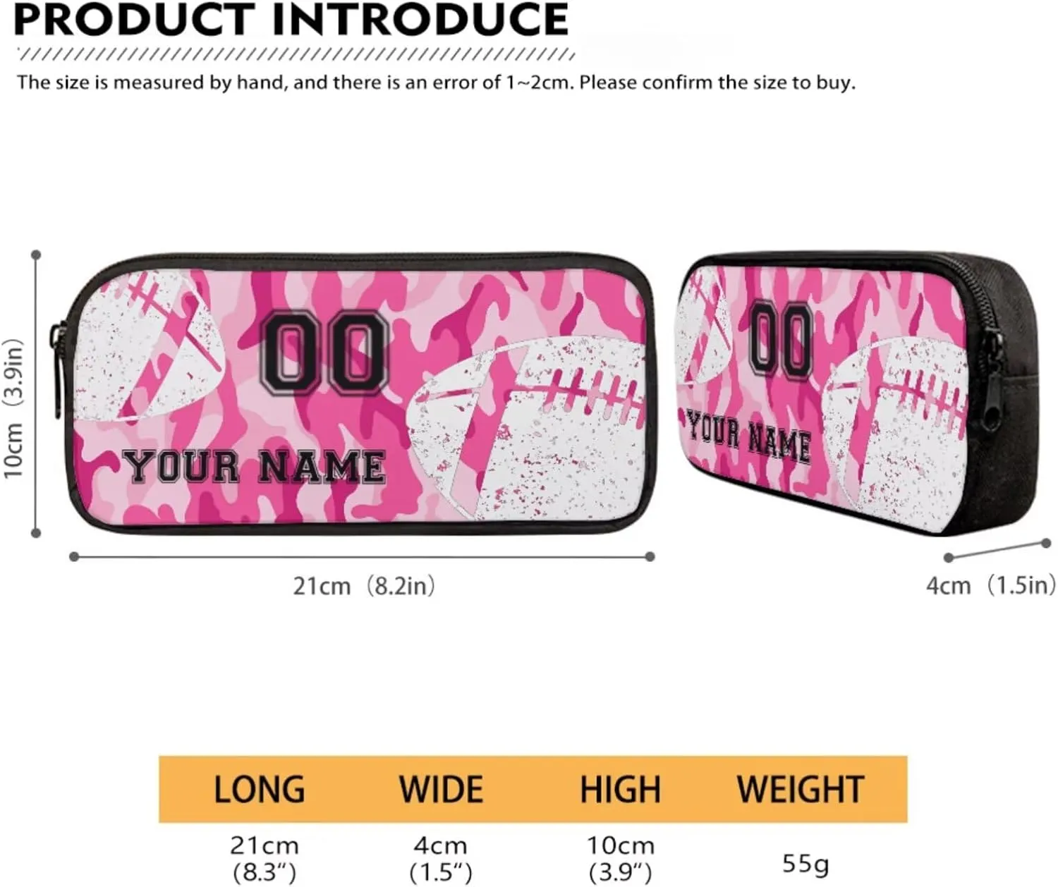 Poceacles Personalized Backpack and Lunch Bag Set for School, 4 Piece Set with Bookbag Lunchbag Pencil Case Bottle Sleeve, Back to School Essential, with Name and Number, Pink Camo American Football