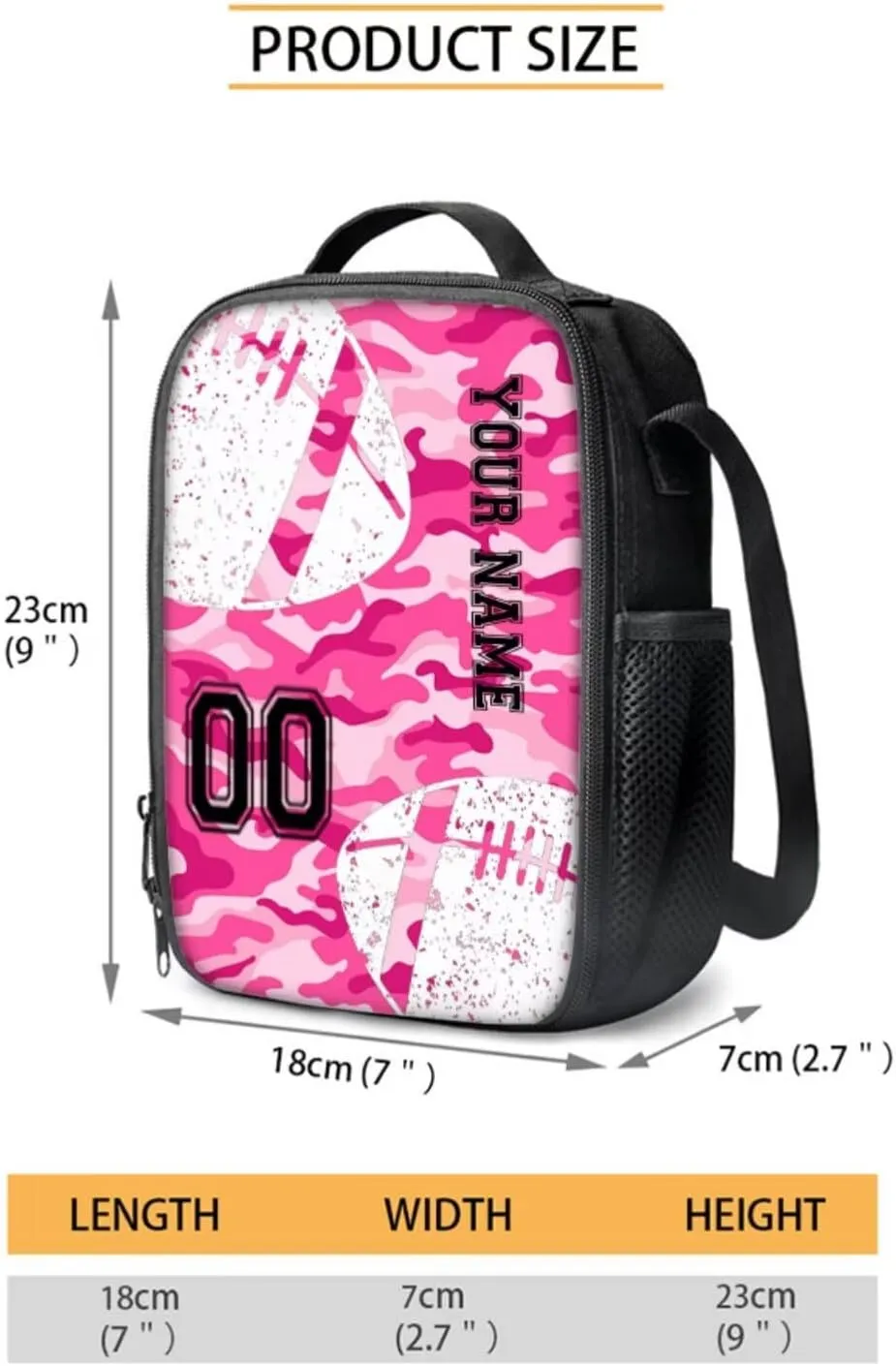 Poceacles Personalized Backpack and Lunch Bag Set for School, 4 Piece Set with Bookbag Lunchbag Pencil Case Bottle Sleeve, Back to School Essential, with Name and Number, Pink Camo American Football