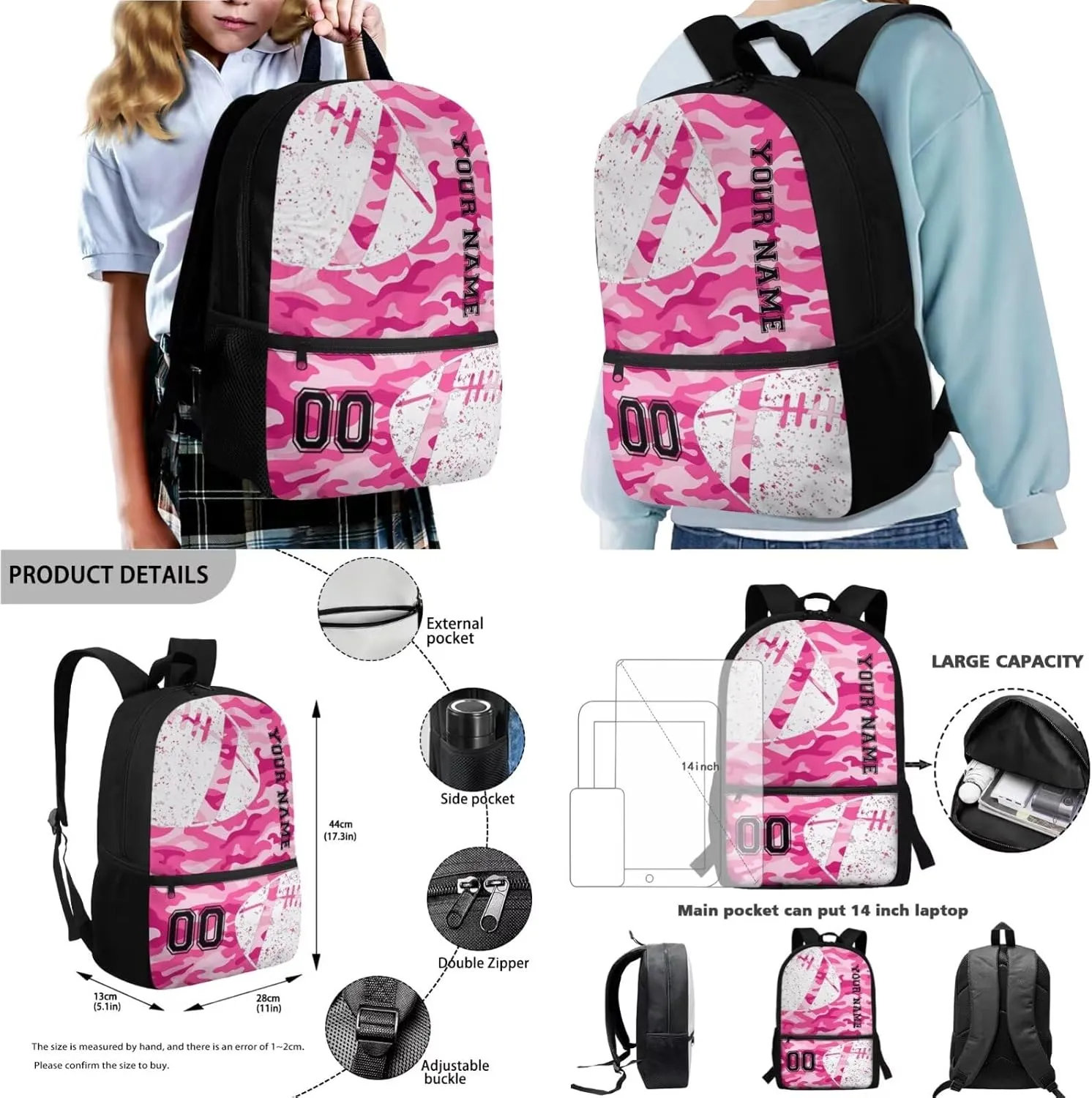 Poceacles Personalized Backpack and Lunch Bag Set for School, 4 Piece Set with Bookbag Lunchbag Pencil Case Bottle Sleeve, Back to School Essential, with Name and Number, Pink Camo American Football