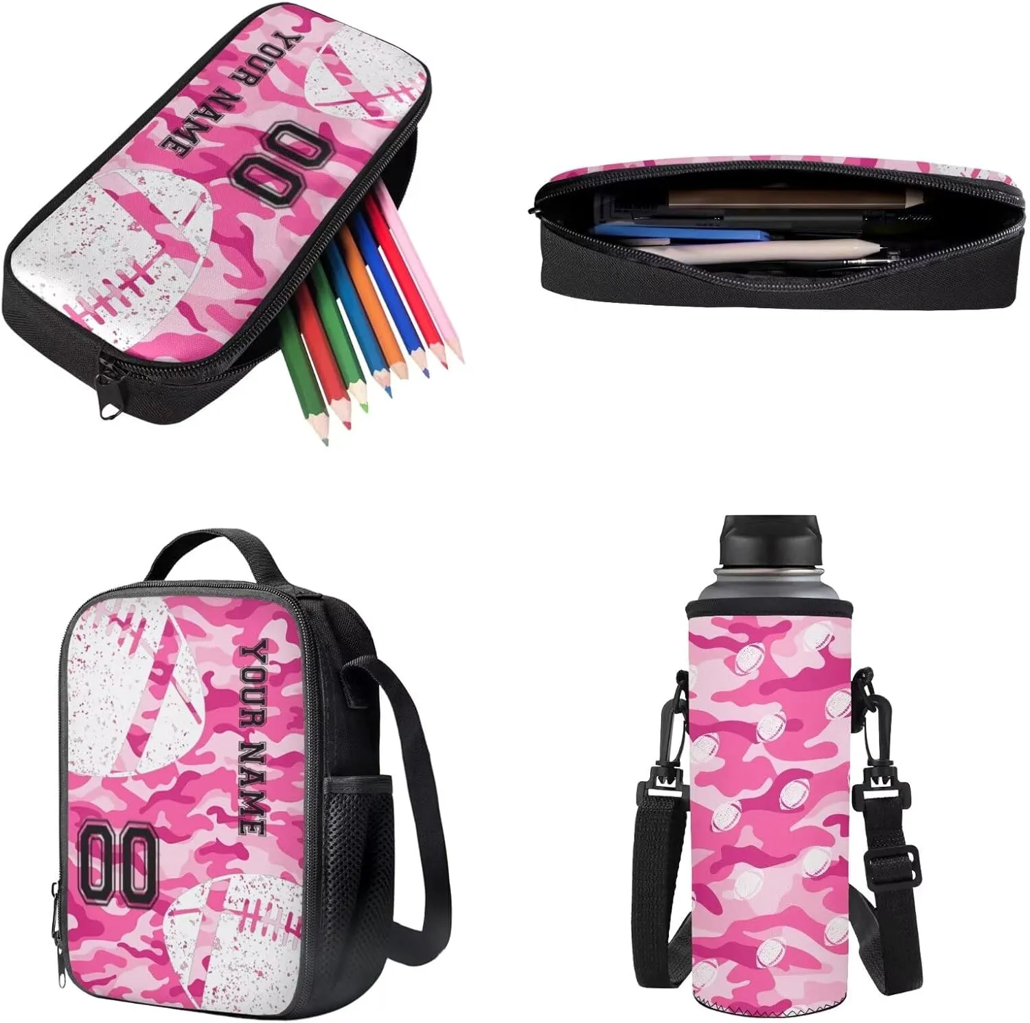 Poceacles Personalized Backpack and Lunch Bag Set for School, 4 Piece Set with Bookbag Lunchbag Pencil Case Bottle Sleeve, Back to School Essential, with Name and Number, Pink Camo American Football