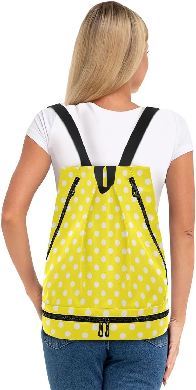 Poeticcity Gym Swimming Drawstring Bags Daypacks Backpack Purse Casual Knapsack Shoulder Bag Sitting Rucksack Seamless White Polka Dots on Bright Yellow Background