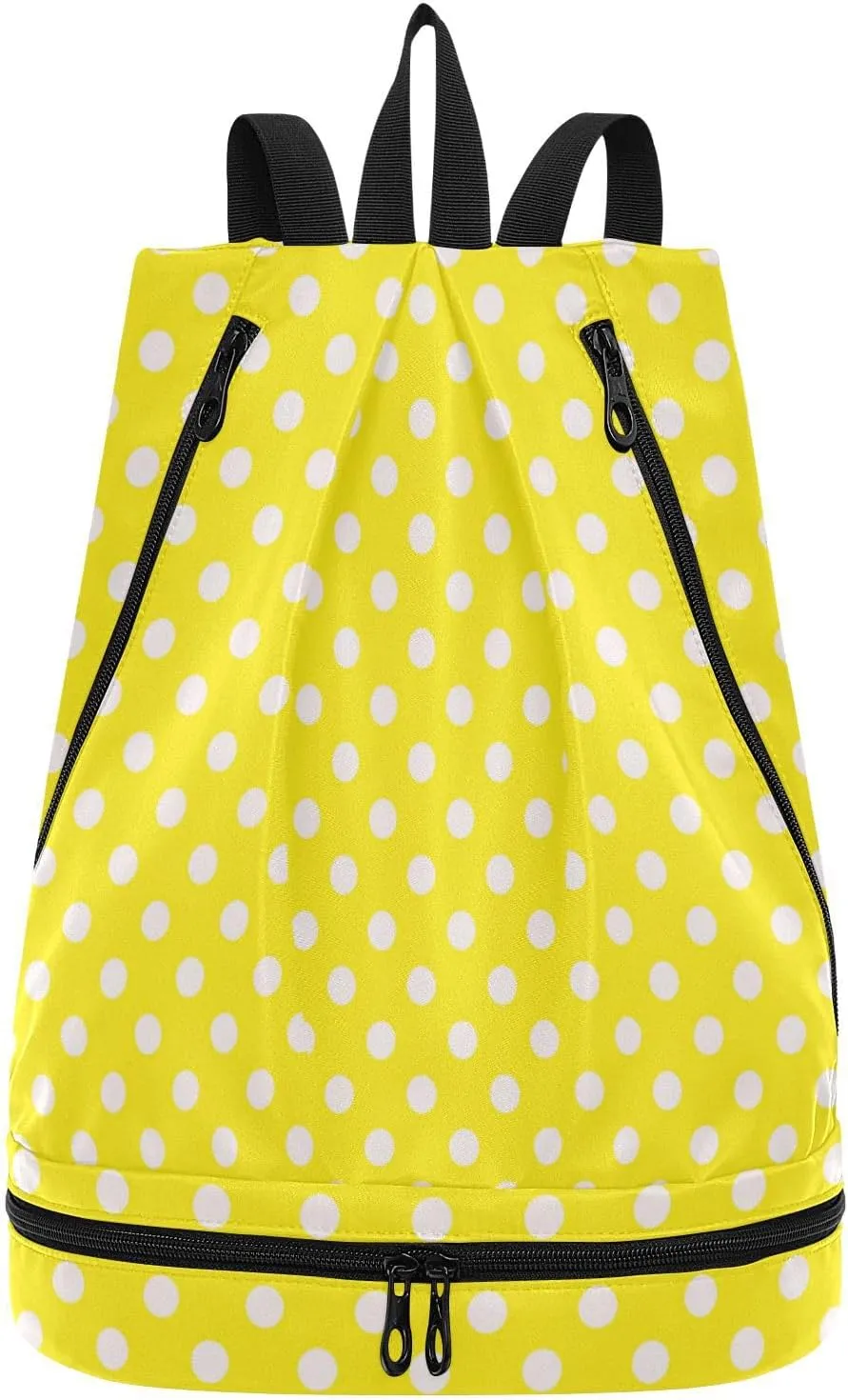 Poeticcity Gym Swimming Drawstring Bags Daypacks Backpack Purse Casual Knapsack Shoulder Bag Sitting Rucksack Seamless White Polka Dots on Bright Yellow Background