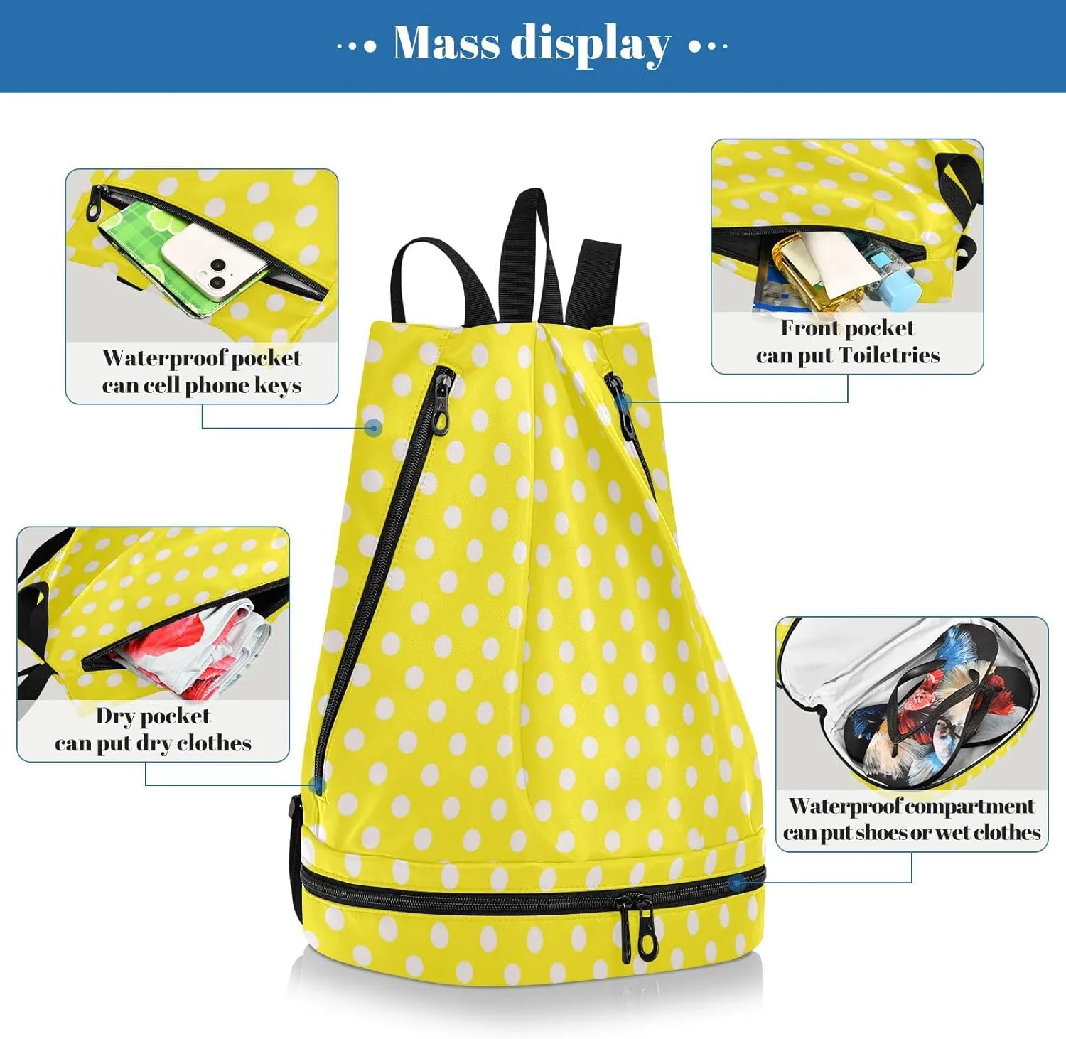 Poeticcity Gym Swimming Drawstring Bags Daypacks Backpack Purse Casual Knapsack Shoulder Bag Sitting Rucksack Seamless White Polka Dots on Bright Yellow Background