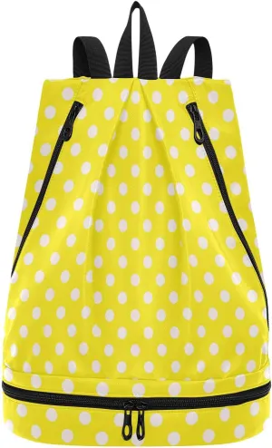 Poeticcity Gym Swimming Drawstring Bags Daypacks Backpack Purse Casual Knapsack Shoulder Bag Sitting Rucksack Seamless White Polka Dots on Bright Yellow Background