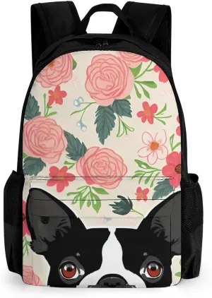 Polyester Daypack Backpack for Climbing Outdoors Running - Big Capacity Multipurpose Anti-Theft Bookbag, Boston Terrier Dog Florals Art Travel Hiking & Camping Rucksack