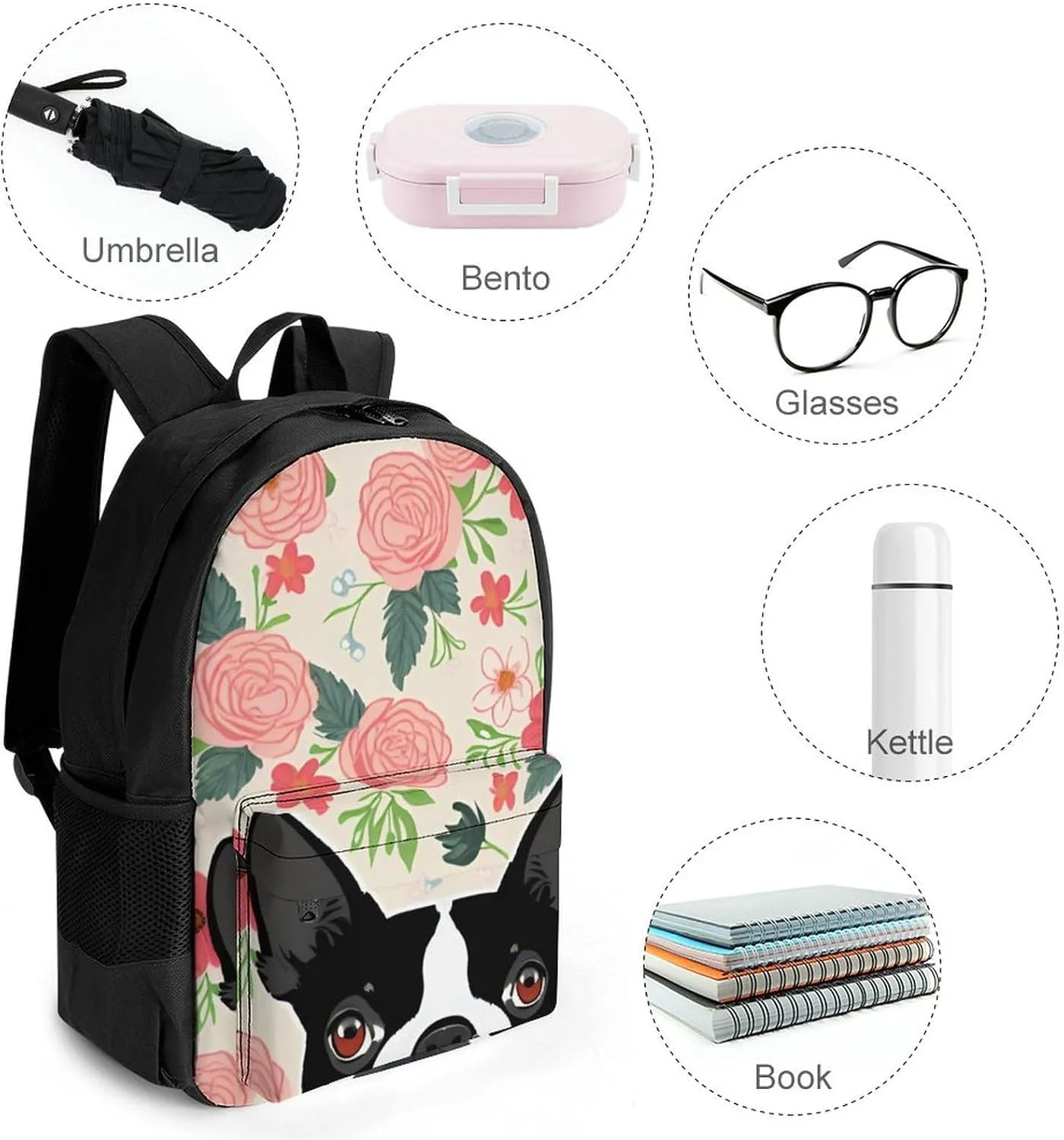 Polyester Daypack Backpack for Climbing Outdoors Running - Big Capacity Multipurpose Anti-Theft Bookbag, Boston Terrier Dog Florals Art Travel Hiking & Camping Rucksack