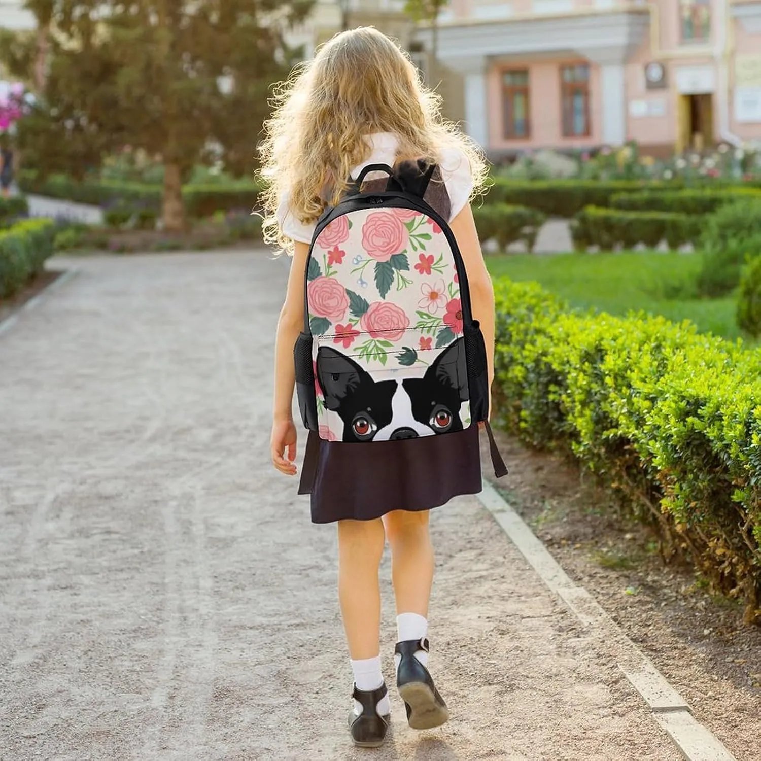 Polyester Daypack Backpack for Climbing Outdoors Running - Big Capacity Multipurpose Anti-Theft Bookbag, Boston Terrier Dog Florals Art Travel Hiking & Camping Rucksack