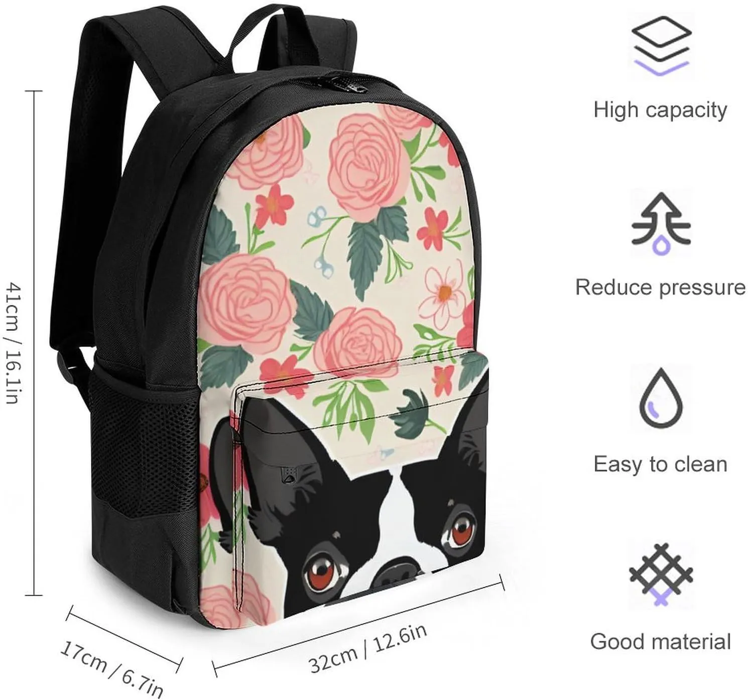 Polyester Daypack Backpack for Climbing Outdoors Running - Big Capacity Multipurpose Anti-Theft Bookbag, Boston Terrier Dog Florals Art Travel Hiking & Camping Rucksack