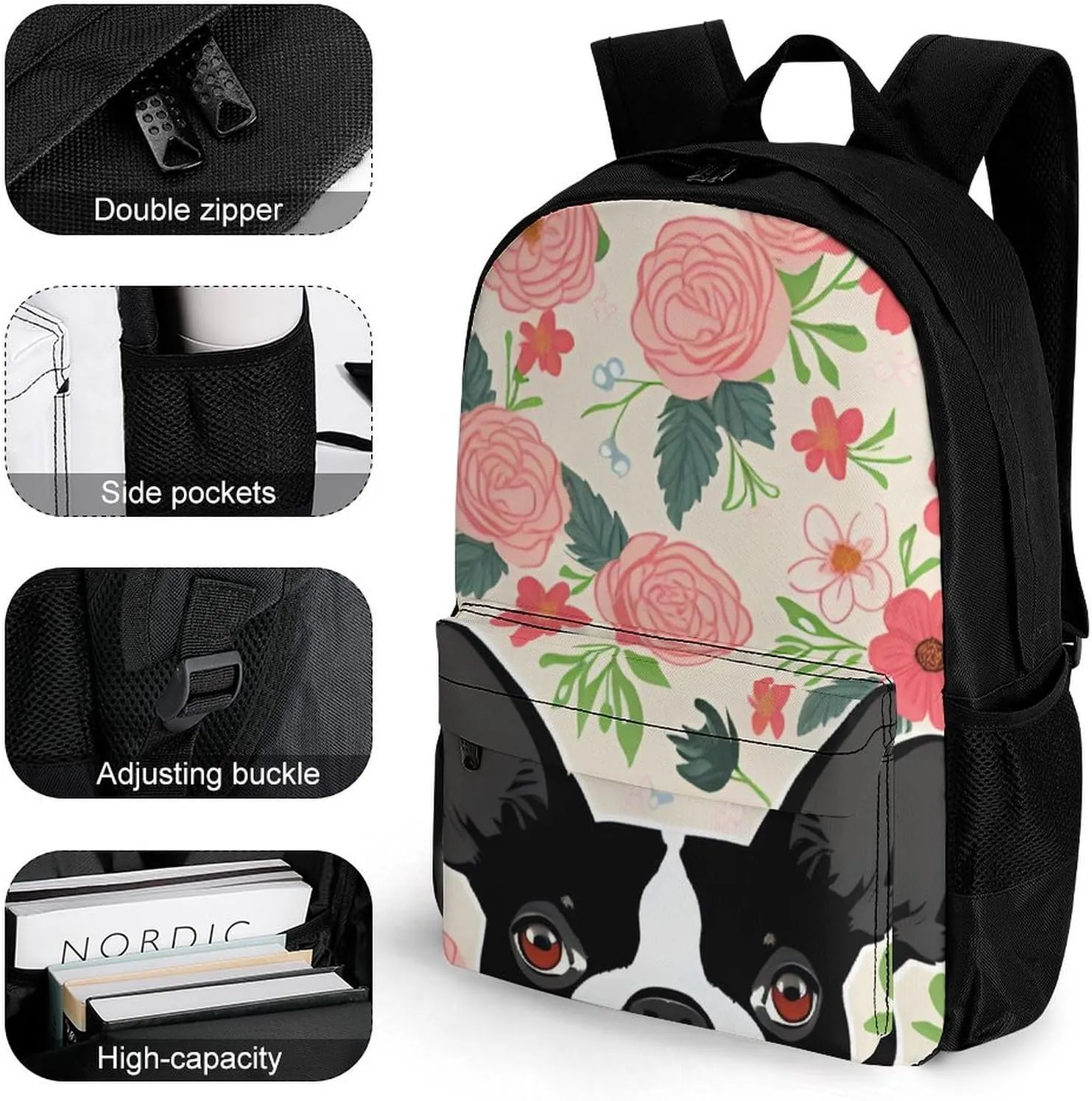 Polyester Daypack Backpack for Climbing Outdoors Running - Big Capacity Multipurpose Anti-Theft Bookbag, Boston Terrier Dog Florals Art Travel Hiking & Camping Rucksack