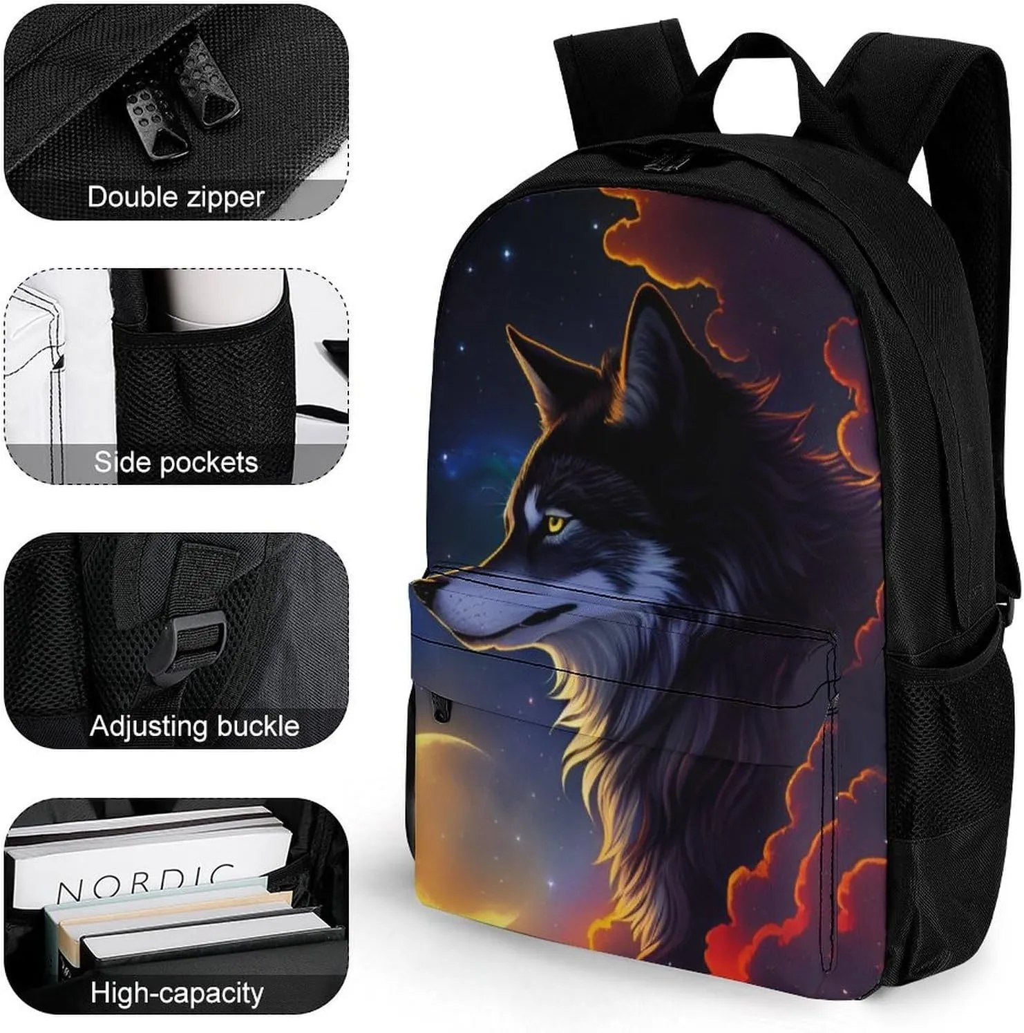 Polyester Daypack Backpack for Sports Travel Running - Big Capacity Anti-Theft Multipurpose Carry On Bag, Galaxy Psychedelic Wolf Night Moon Sky Space Art Laptop Book Bag Rucksack
