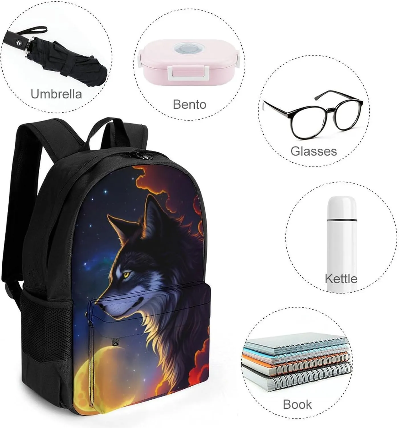 Polyester Daypack Backpack for Sports Travel Running - Big Capacity Anti-Theft Multipurpose Carry On Bag, Galaxy Psychedelic Wolf Night Moon Sky Space Art Laptop Book Bag Rucksack