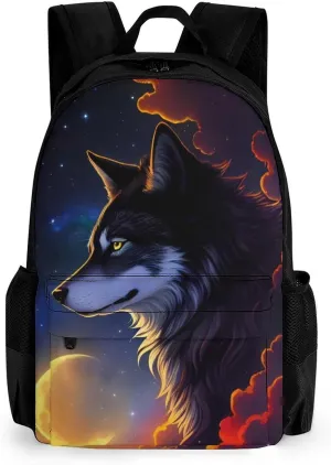 Polyester Daypack Backpack for Sports Travel Running - Big Capacity Anti-Theft Multipurpose Carry On Bag, Galaxy Psychedelic Wolf Night Moon Sky Space Art Laptop Book Bag Rucksack
