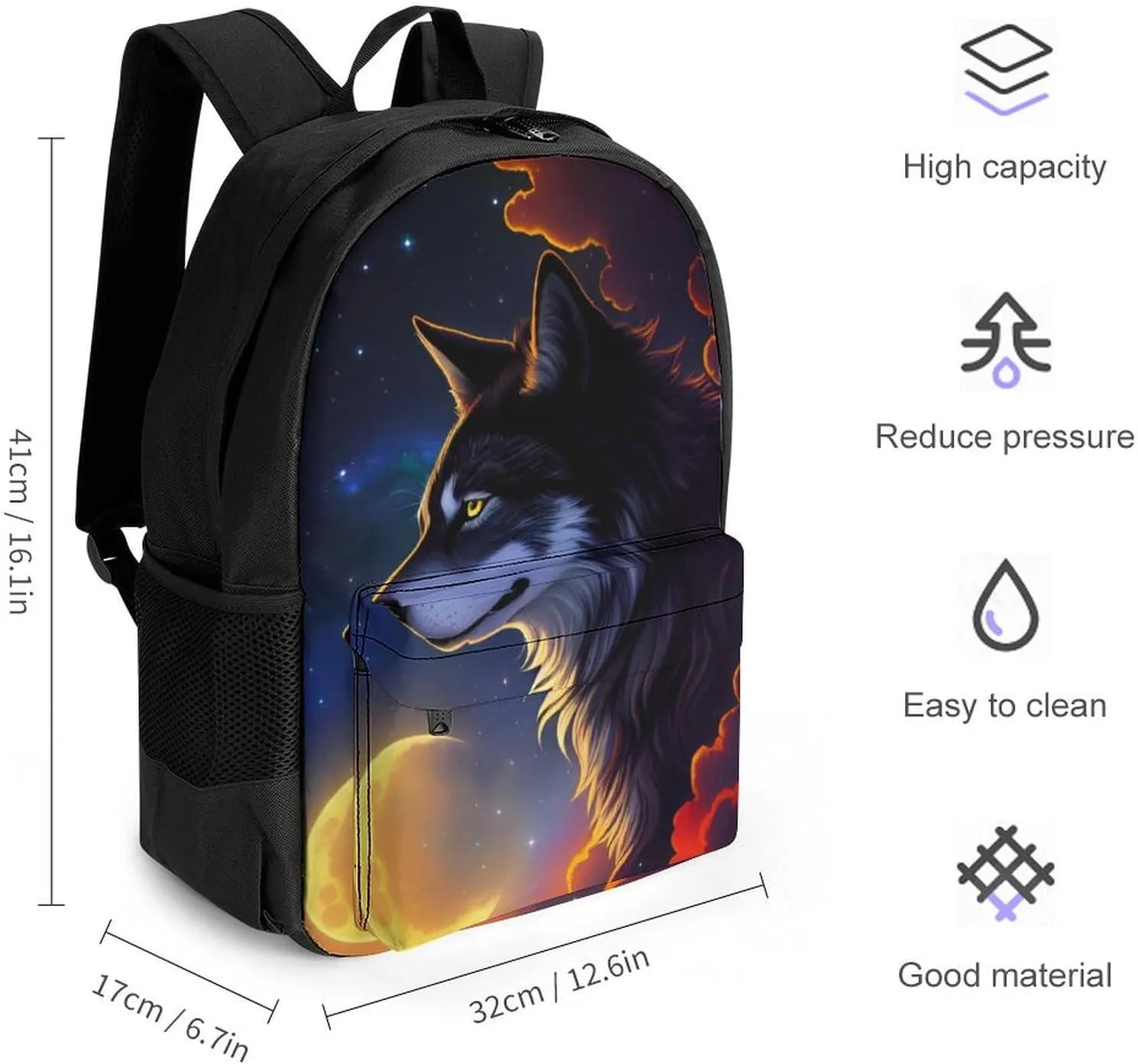Polyester Daypack Backpack for Sports Travel Running - Big Capacity Anti-Theft Multipurpose Carry On Bag, Galaxy Psychedelic Wolf Night Moon Sky Space Art Laptop Book Bag Rucksack