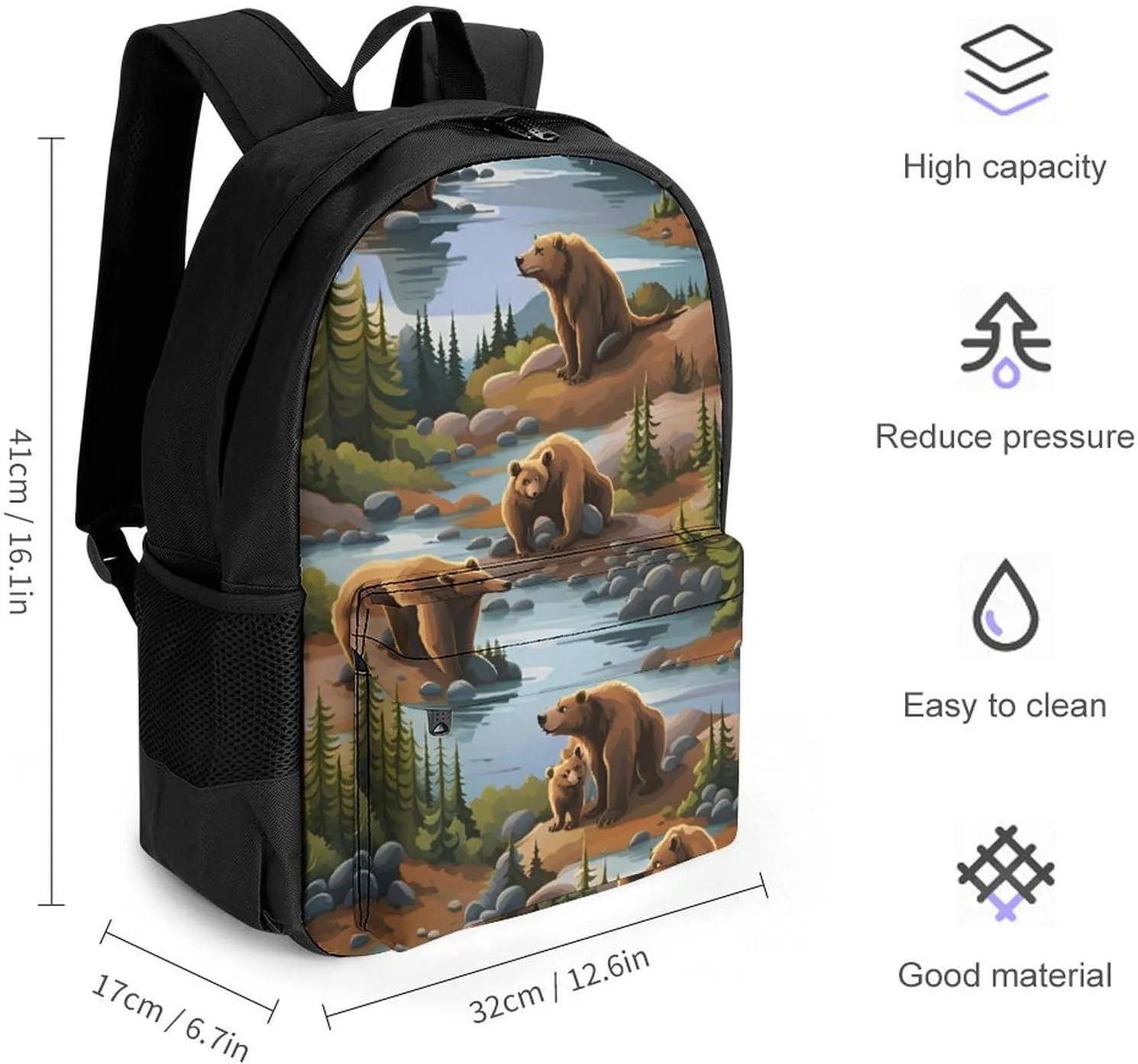 Polyester Daypack for Hiking Work Running - Big Capacity Anti-Theft Multipurpose Shoulder Bag, Bears Lovers Pattern Travel and Sport Backpack Rucksack