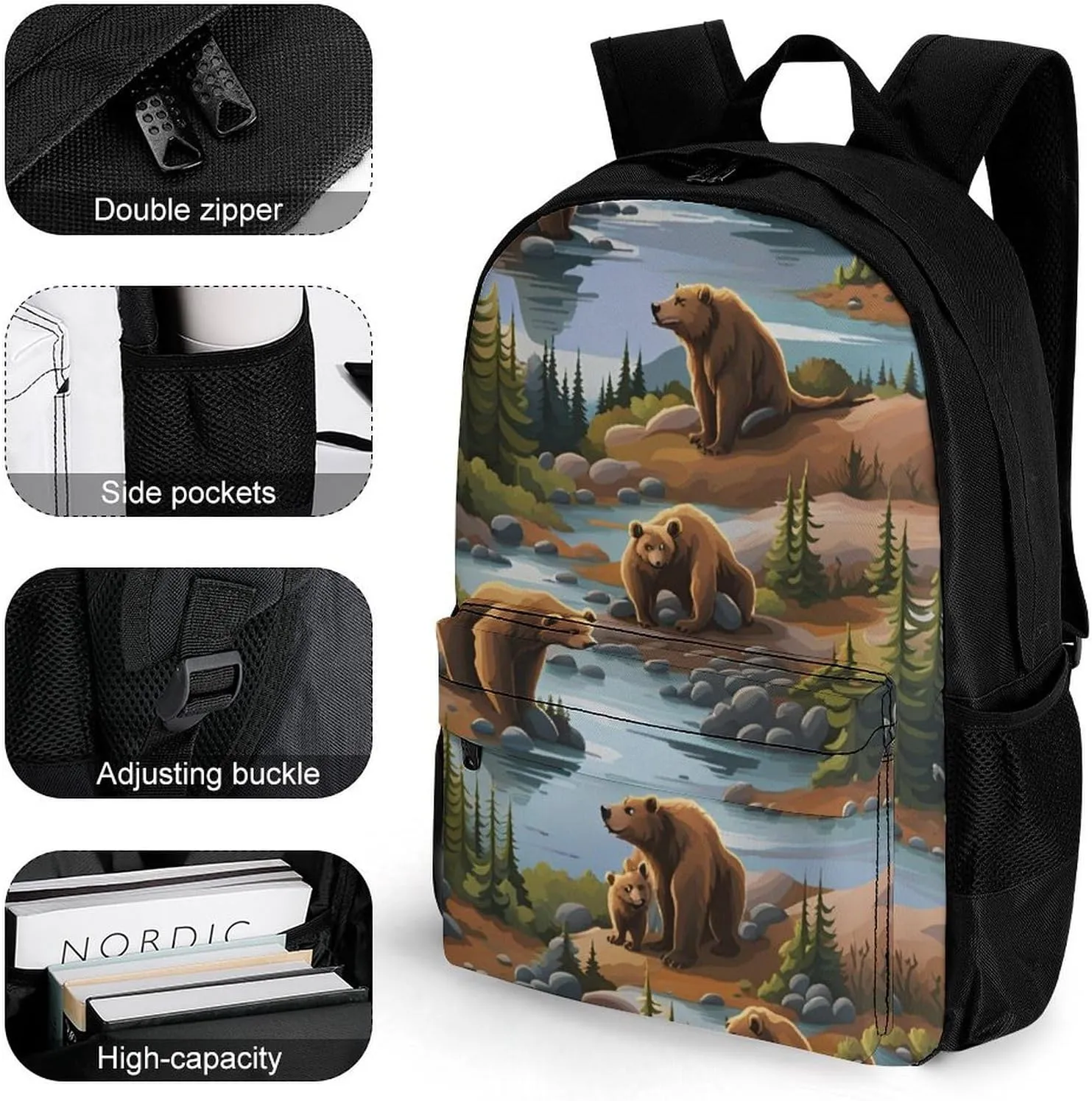 Polyester Daypack for Hiking Work Running - Big Capacity Anti-Theft Multipurpose Shoulder Bag, Bears Lovers Pattern Travel and Sport Backpack Rucksack