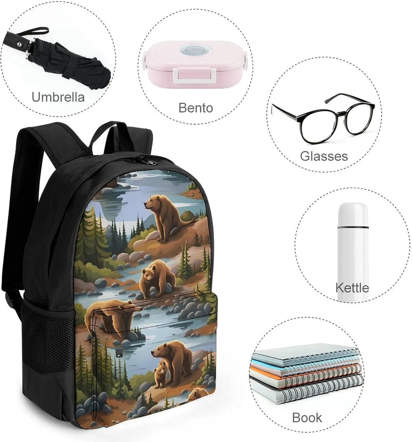 Polyester Daypack for Hiking Work Running - Big Capacity Anti-Theft Multipurpose Shoulder Bag, Bears Lovers Pattern Travel and Sport Backpack Rucksack