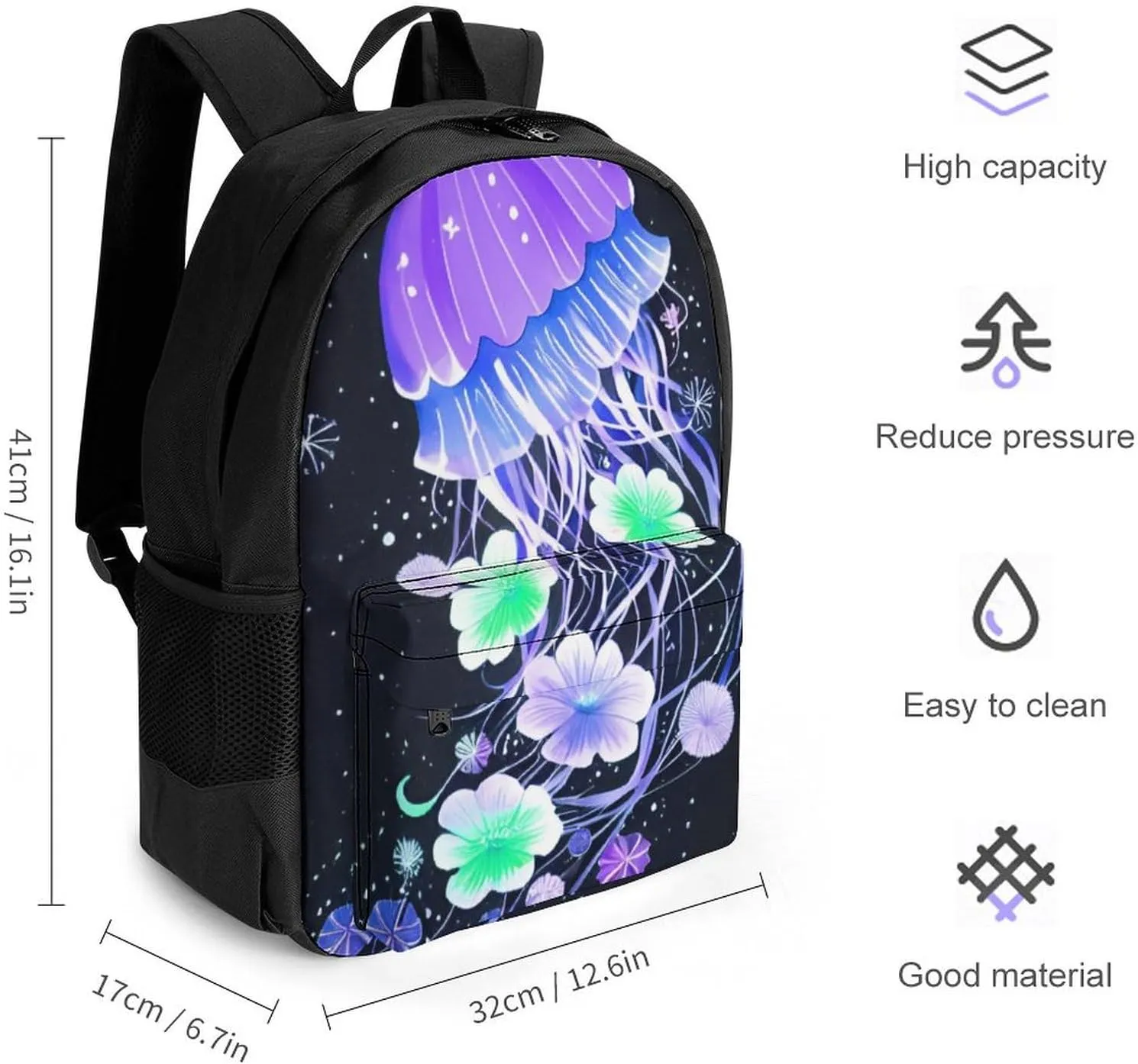 Polyester Daypack for Hiking Work Running - Big Capacity Anti-Theft Multipurpose Shoulder Bag, Magic Flowers Ocean The Jellyfish Pattern Travel and Sport Backpack Rucksack
