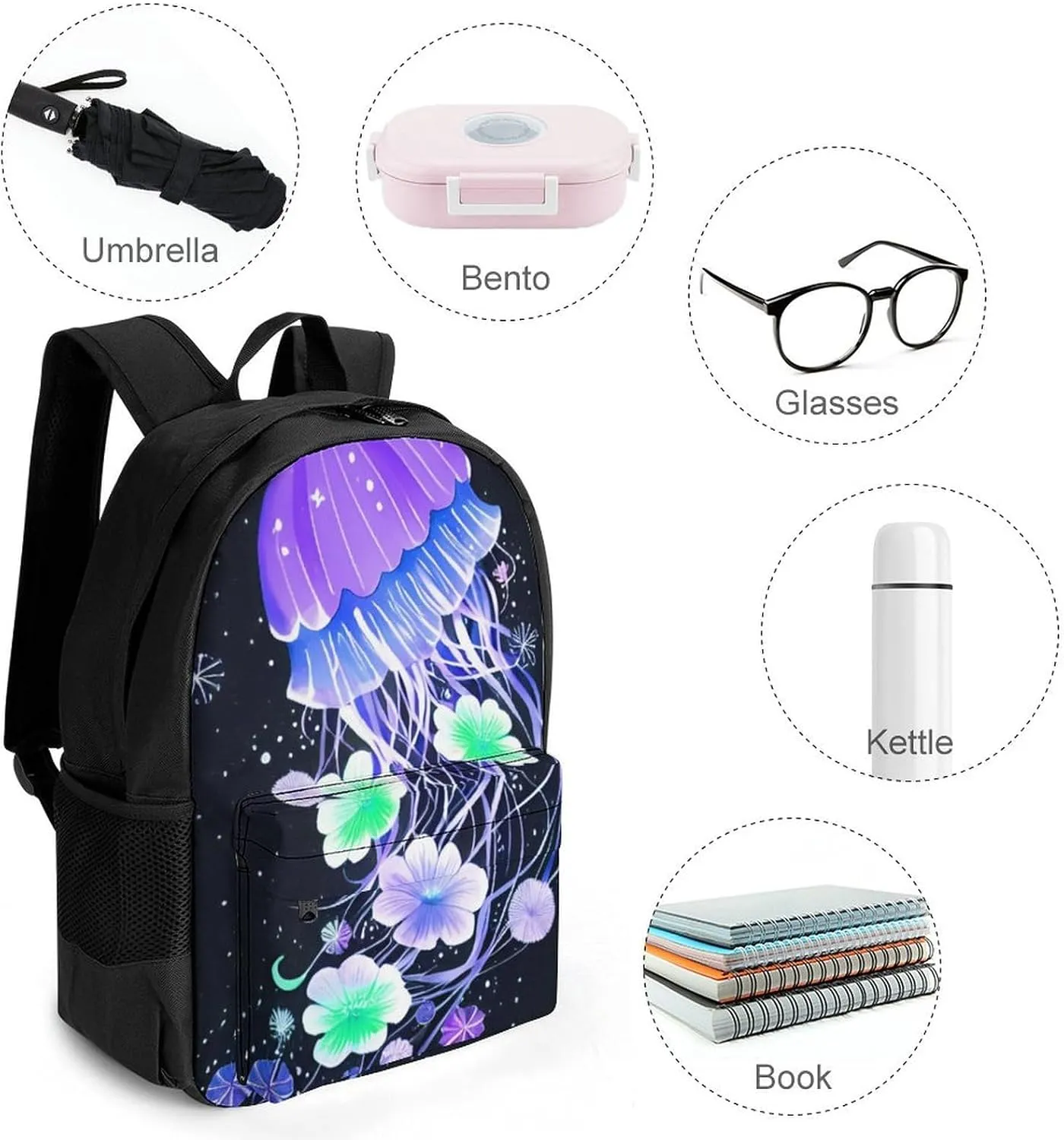 Polyester Daypack for Hiking Work Running - Big Capacity Anti-Theft Multipurpose Shoulder Bag, Magic Flowers Ocean The Jellyfish Pattern Travel and Sport Backpack Rucksack