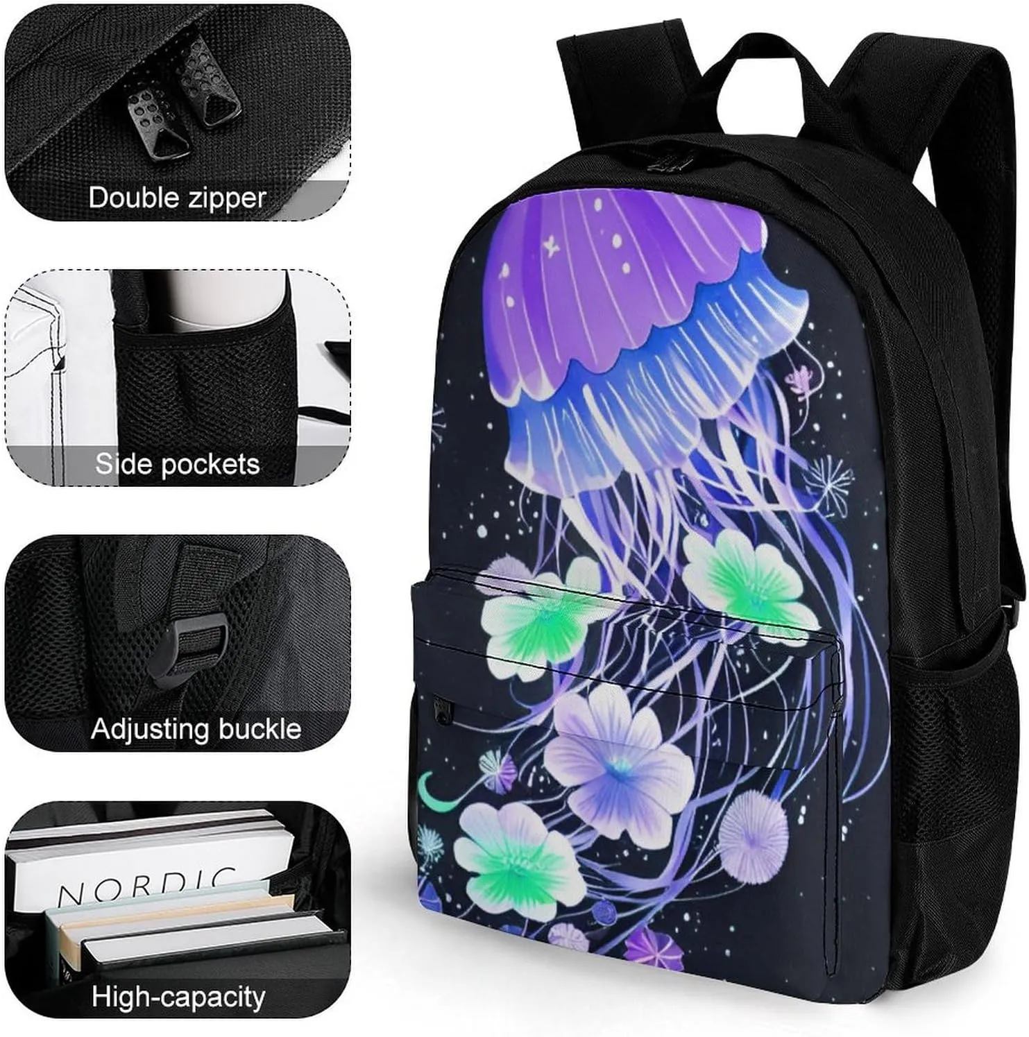 Polyester Daypack for Hiking Work Running - Big Capacity Anti-Theft Multipurpose Shoulder Bag, Magic Flowers Ocean The Jellyfish Pattern Travel and Sport Backpack Rucksack