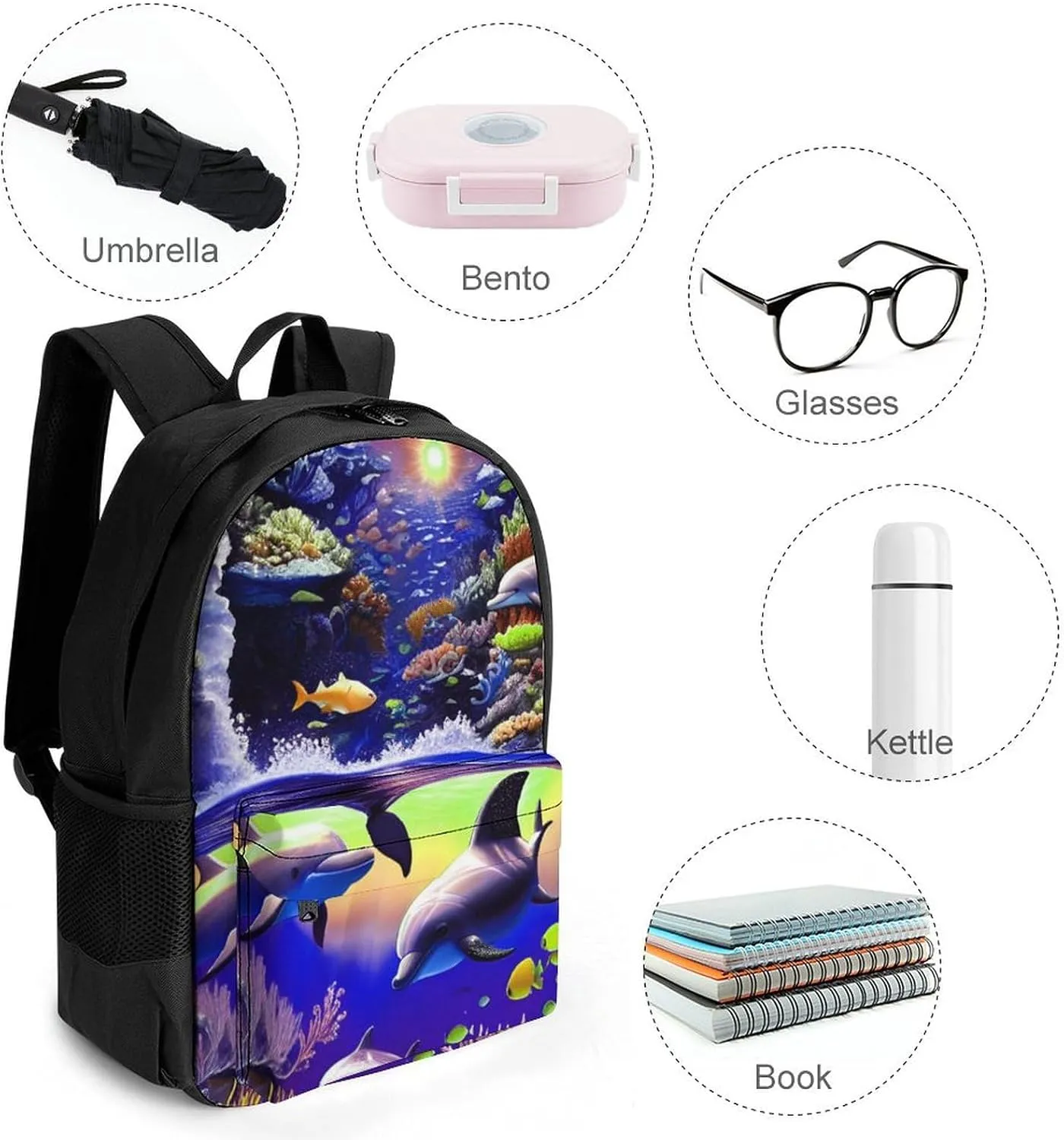 Polyester Daypack for Hiking Work Running - Big Capacity Anti-Theft Multipurpose Shoulder Bag, Magical Underwater World Of Dolphins And Fish Art Travel and Sport Backpack Rucksack