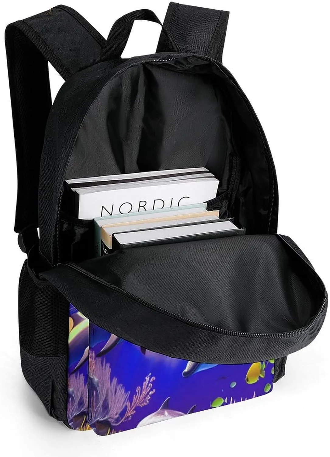 Polyester Daypack for Hiking Work Running - Big Capacity Anti-Theft Multipurpose Shoulder Bag, Magical Underwater World Of Dolphins And Fish Art Travel and Sport Backpack Rucksack
