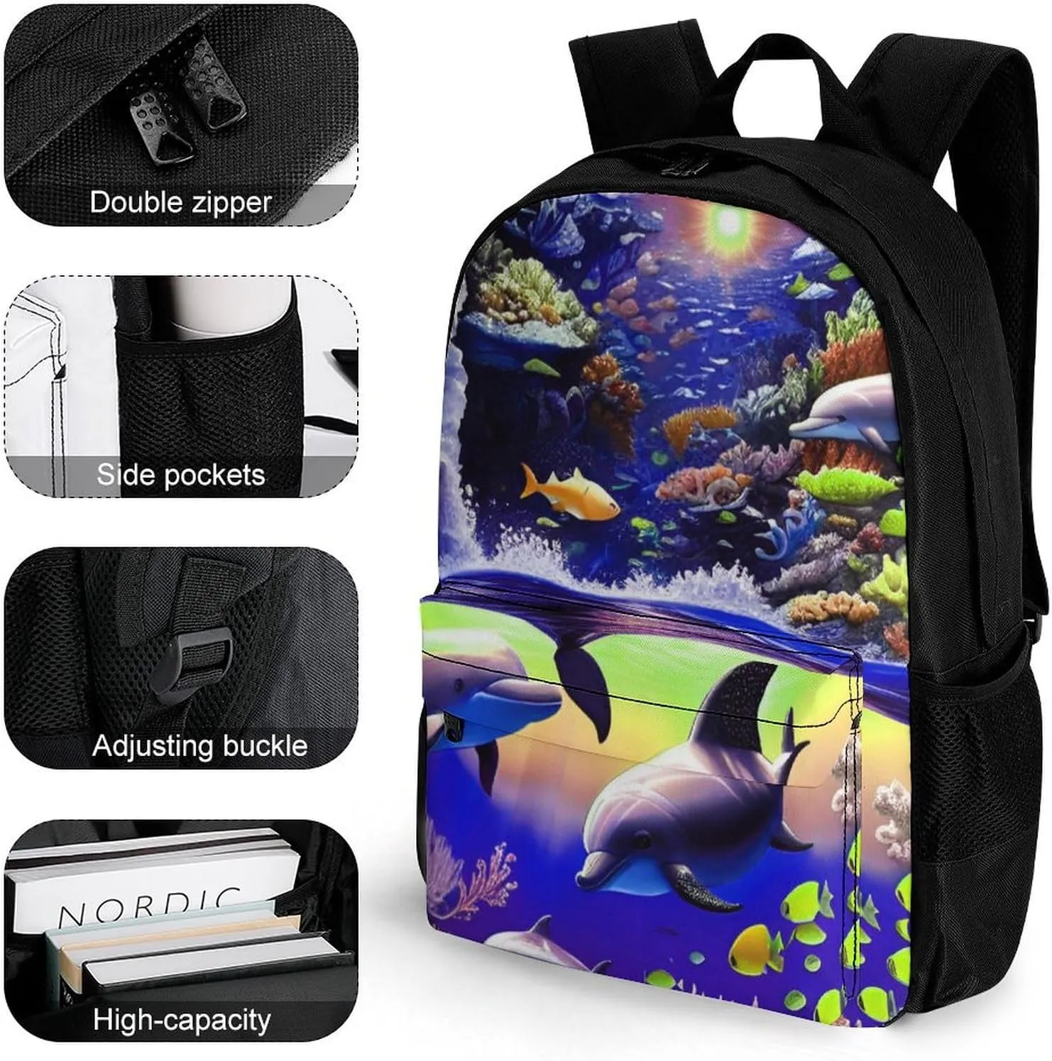 Polyester Daypack for Hiking Work Running - Big Capacity Anti-Theft Multipurpose Shoulder Bag, Magical Underwater World Of Dolphins And Fish Art Travel and Sport Backpack Rucksack