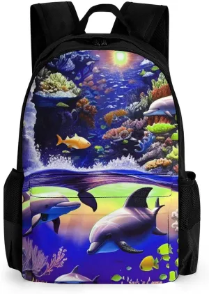 Polyester Daypack for Hiking Work Running - Big Capacity Anti-Theft Multipurpose Shoulder Bag, Magical Underwater World Of Dolphins And Fish Art Travel and Sport Backpack Rucksack