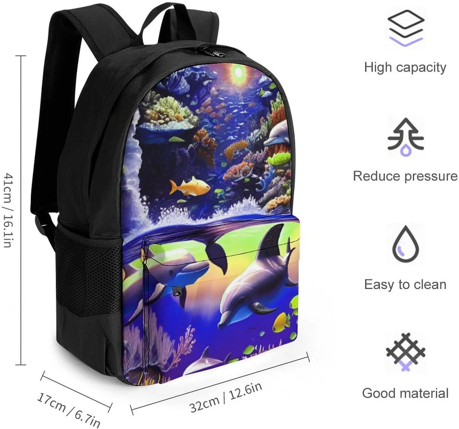 Polyester Daypack for Hiking Work Running - Big Capacity Anti-Theft Multipurpose Shoulder Bag, Magical Underwater World Of Dolphins And Fish Art Travel and Sport Backpack Rucksack