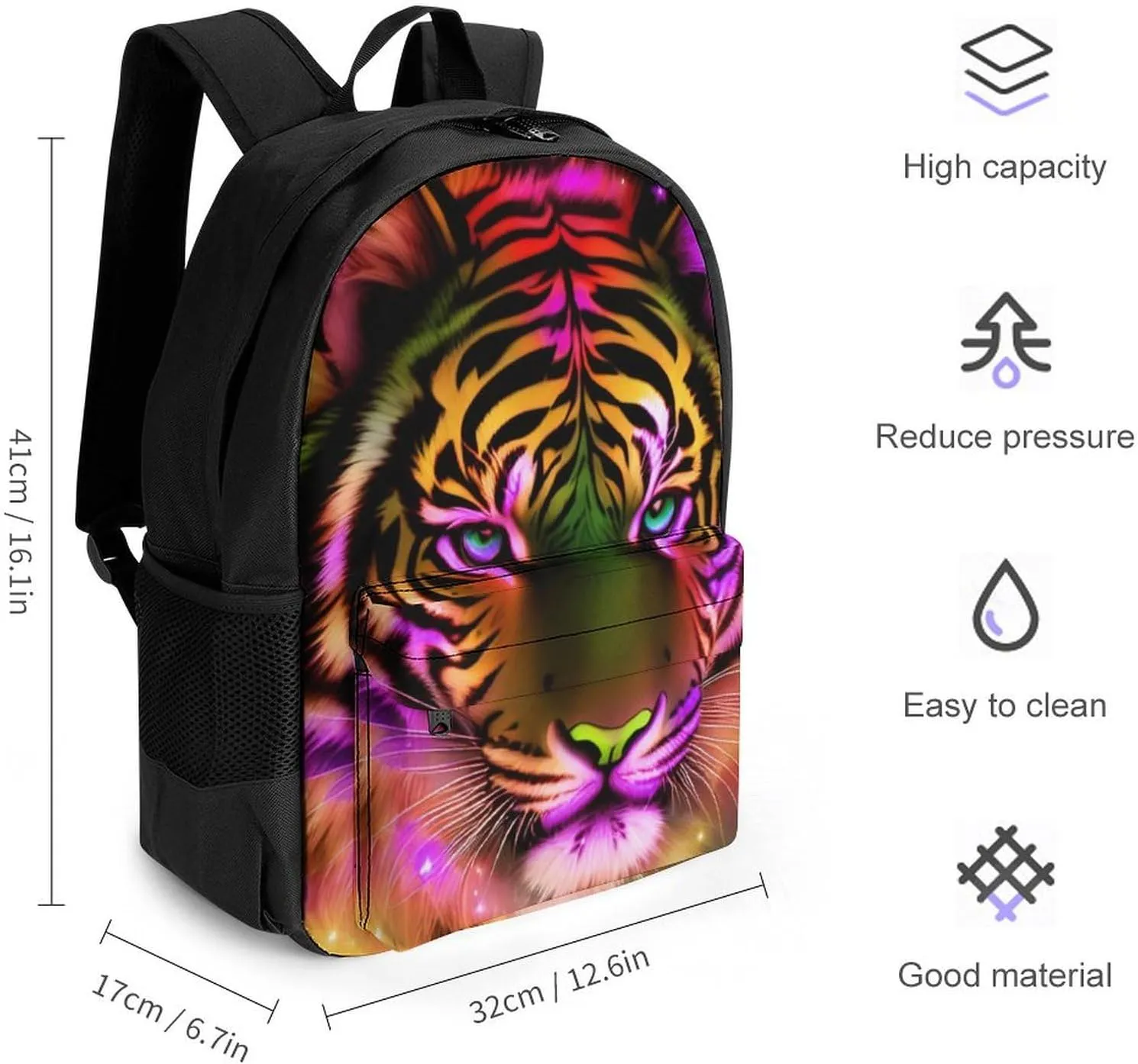 Polyester Daypack for Hiking Work Running - Big Capacity Anti-Theft Multipurpose Shoulder Bag, Mystic Fantasy Galaxy Sky Fantasy Tiger Wild Animals Boho Style Travel and Sport Backpack Rucksack