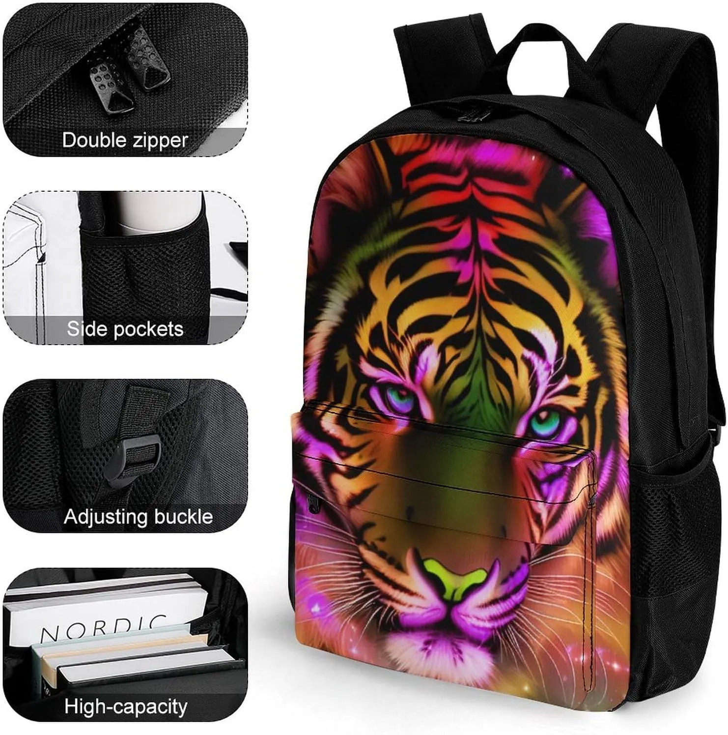 Polyester Daypack for Hiking Work Running - Big Capacity Anti-Theft Multipurpose Shoulder Bag, Mystic Fantasy Galaxy Sky Fantasy Tiger Wild Animals Boho Style Travel and Sport Backpack Rucksack