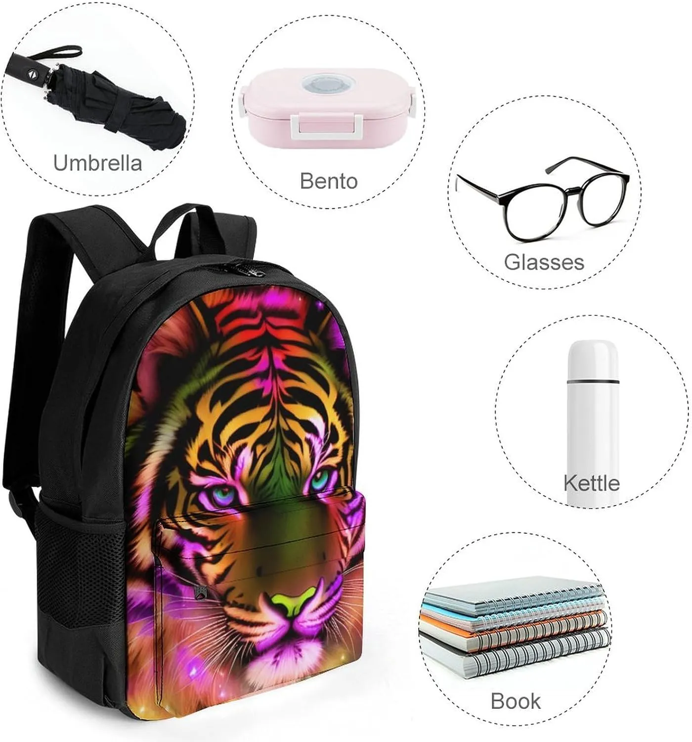 Polyester Daypack for Hiking Work Running - Big Capacity Anti-Theft Multipurpose Shoulder Bag, Mystic Fantasy Galaxy Sky Fantasy Tiger Wild Animals Boho Style Travel and Sport Backpack Rucksack