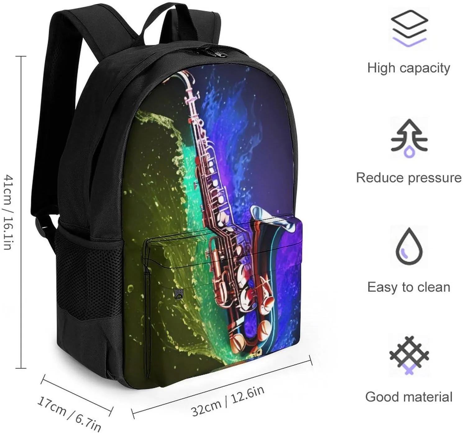 Polyester Daypack for Hiking Work Running - Big Capacity Anti-Theft Multipurpose Shoulder Bag, Saxophone In Fire And Water Art Travel and Sport Backpack Rucksack