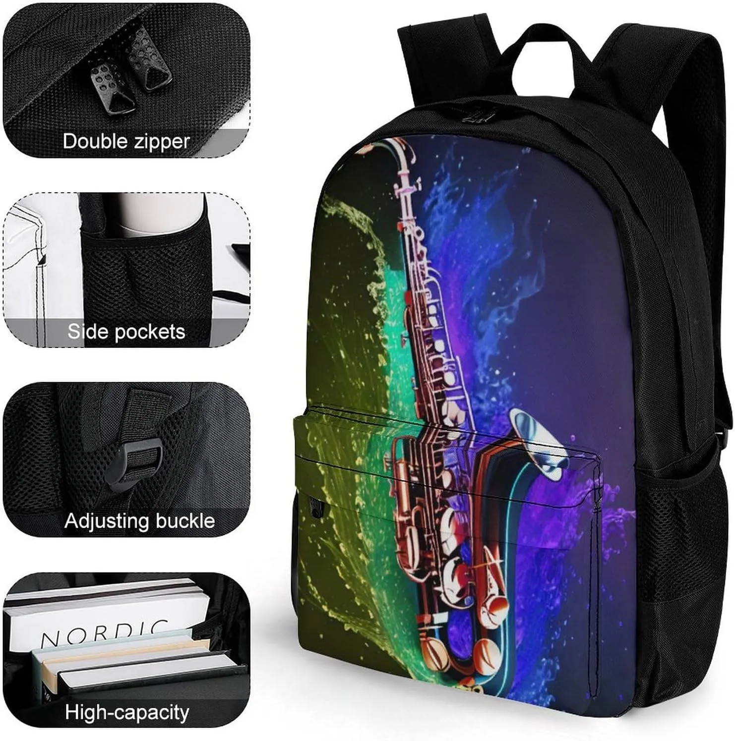 Polyester Daypack for Hiking Work Running - Big Capacity Anti-Theft Multipurpose Shoulder Bag, Saxophone In Fire And Water Art Travel and Sport Backpack Rucksack