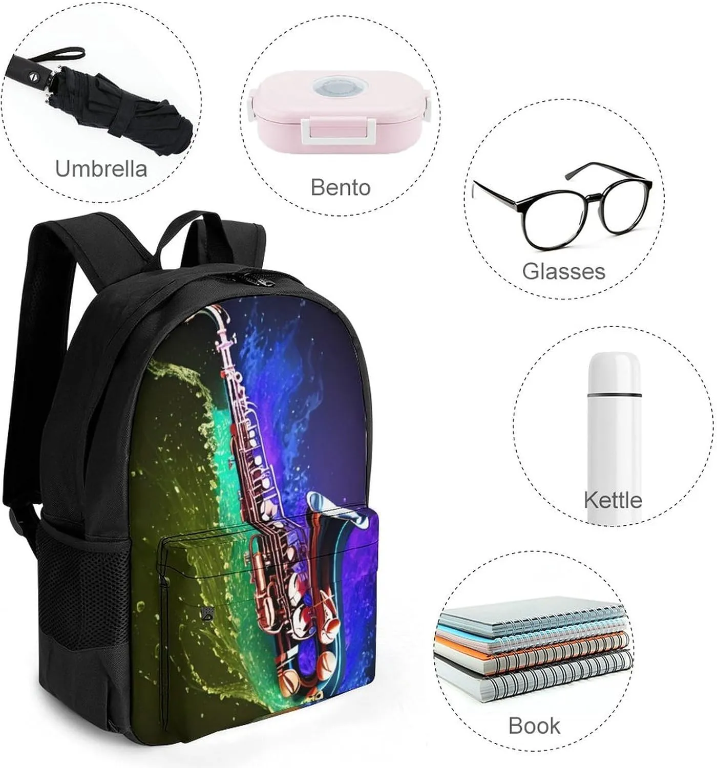 Polyester Daypack for Hiking Work Running - Big Capacity Anti-Theft Multipurpose Shoulder Bag, Saxophone In Fire And Water Art Travel and Sport Backpack Rucksack