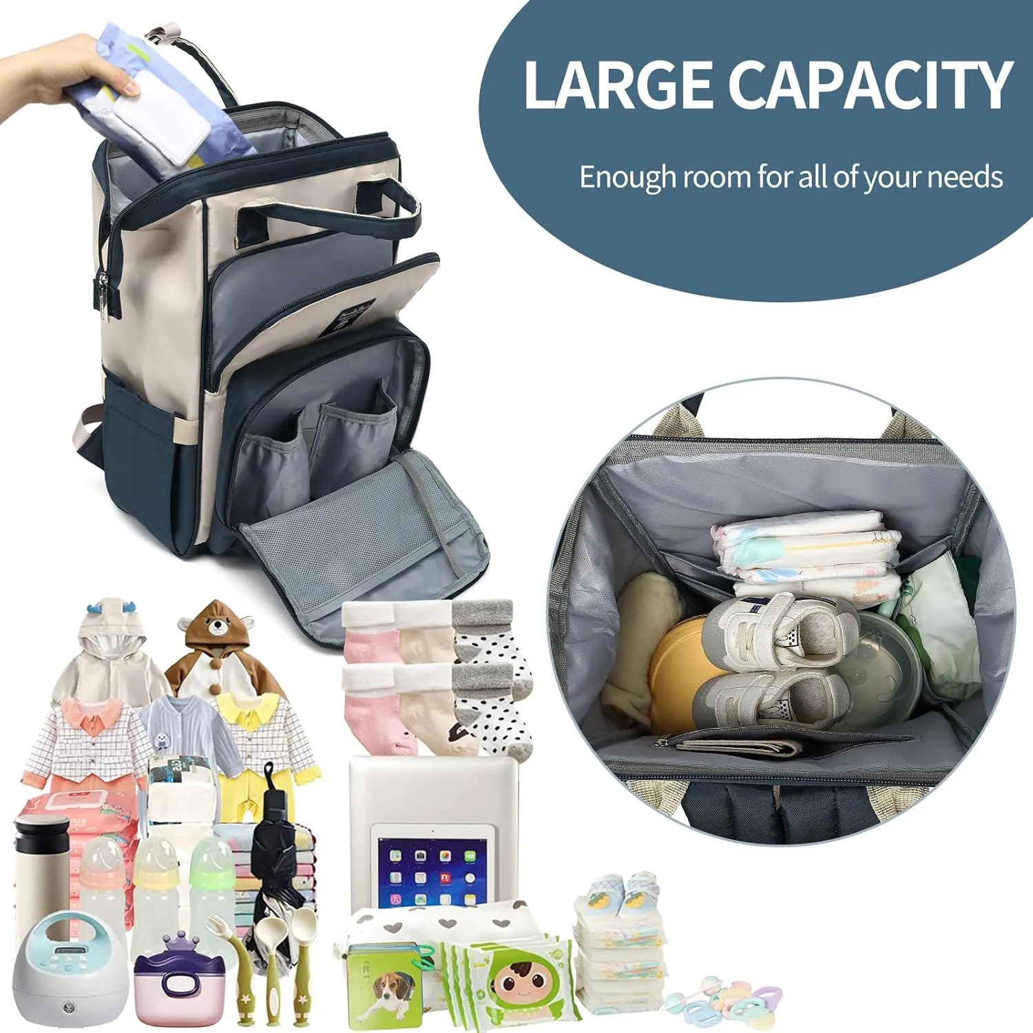 Pomelo Best Diaper Bag Backpack Stylish Waterproof Multifunctional Large Baby Bag with Changing Mat and Stroller Straps (Navy Blue/Almond)