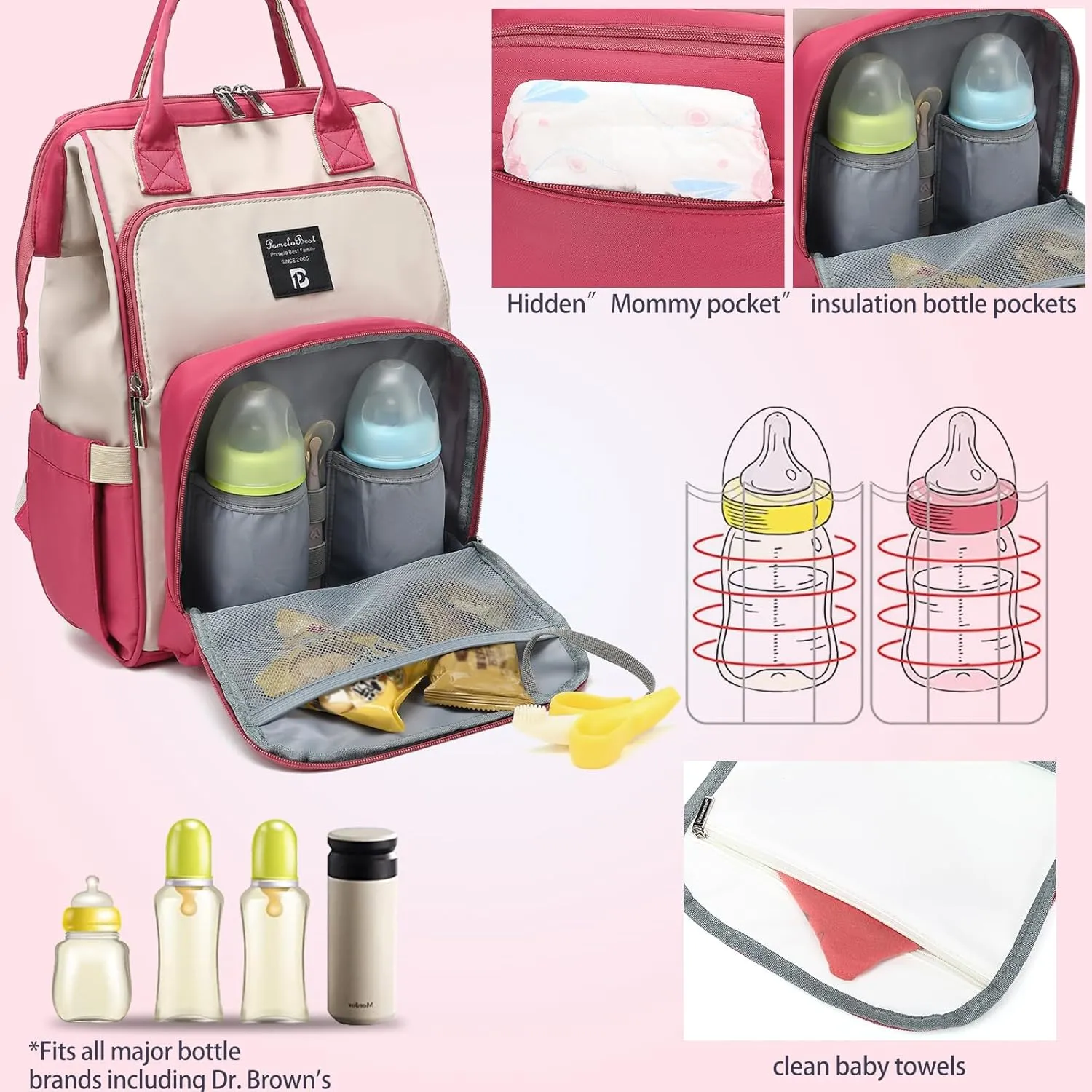 Pomelo Best Diaper Bag Backpack Stylish Waterproof Multifunctional Large Baby Bag with Changing Mat and Stroller Straps (Rose Red/Almond)