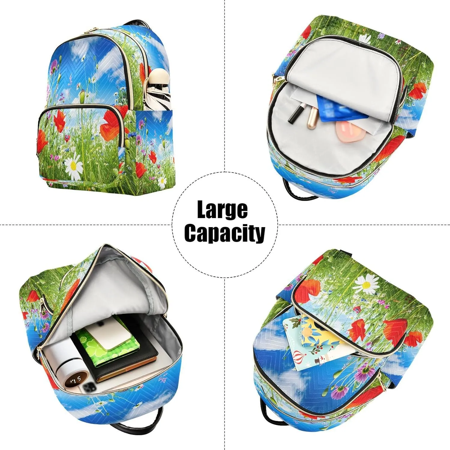 Poppy Meadow Green Backpack Purse for Women Fashion Travel Bag with Anti-theft Back for Travel Work Day M