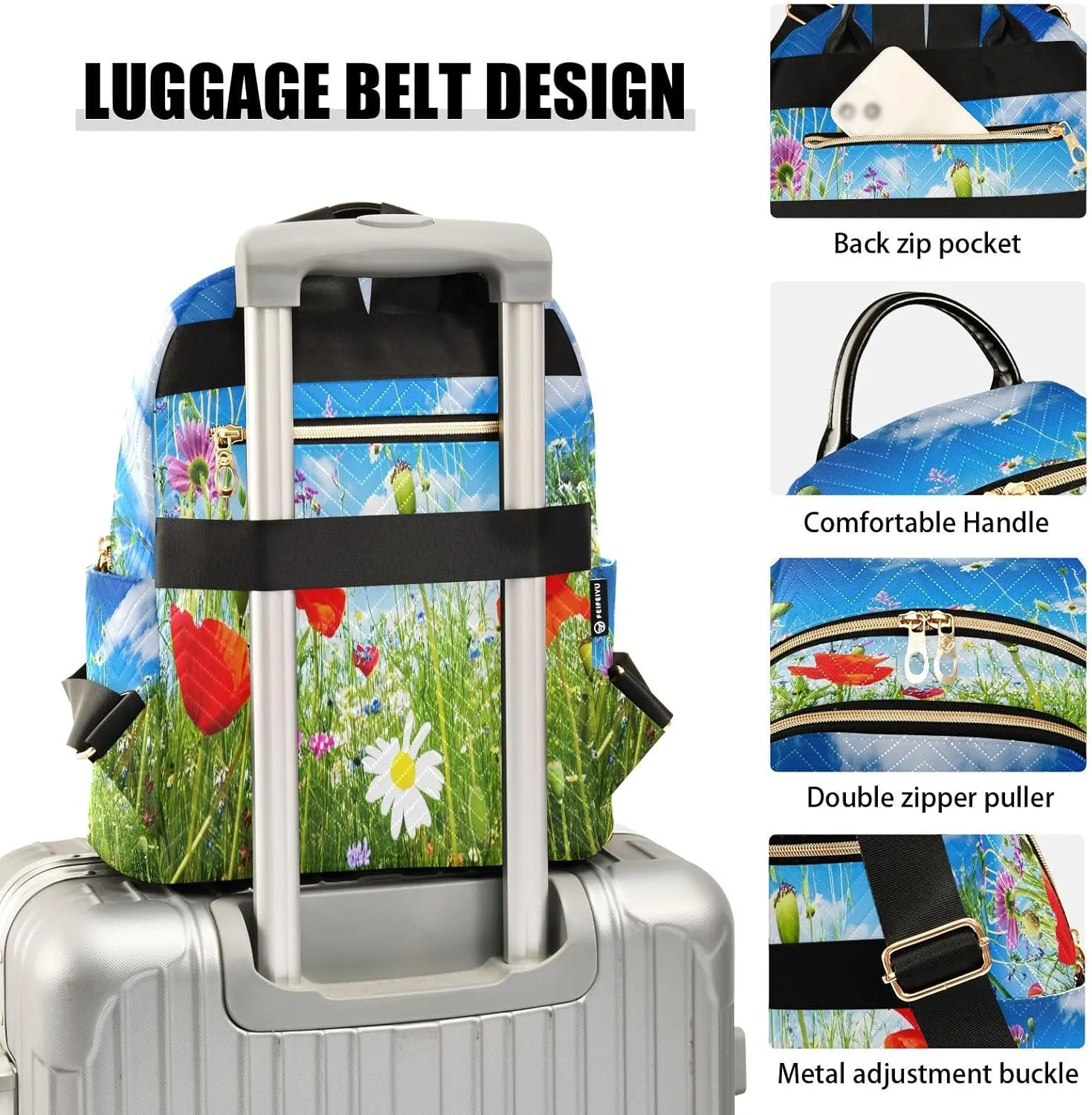 Poppy Meadow Green Backpack Purse for Women Fashion Travel Bag with Anti-theft Back for Travel Work Day M
