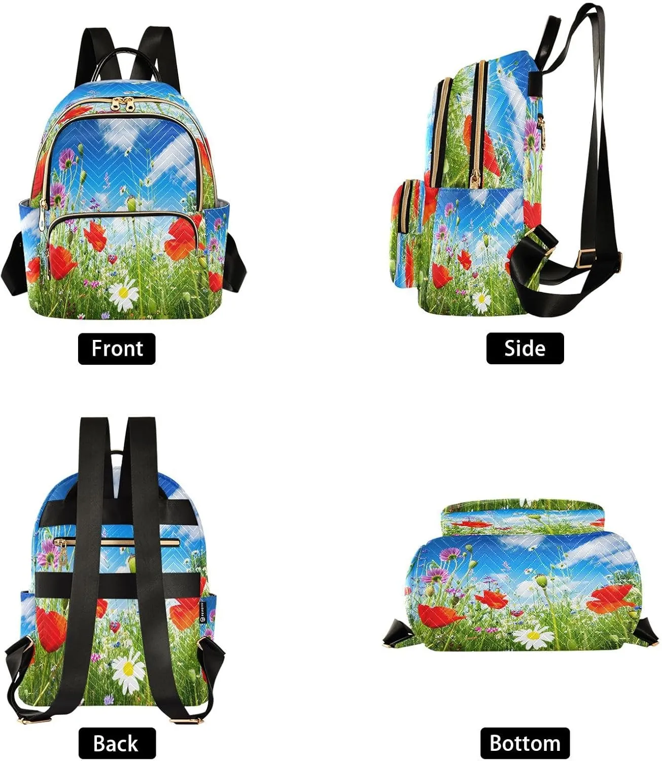 Poppy Meadow Green Backpack Purse for Women Fashion Travel Bag with Anti-theft Back for Travel Work Day M
