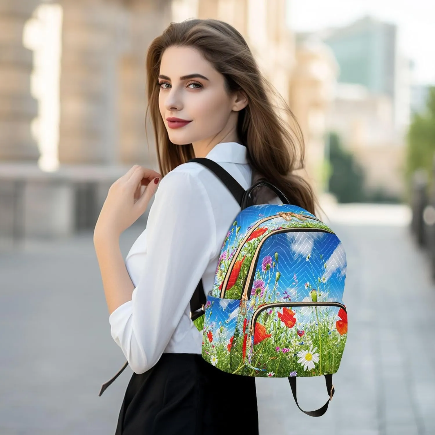 Poppy Meadow Green Backpack Purse for Women Fashion Travel Bag with Anti-theft Back for Travel Work Day M