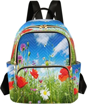 Poppy Meadow Green Backpack Purse for Women Fashion Travel Bag with Anti-theft Back for Travel Work Day M