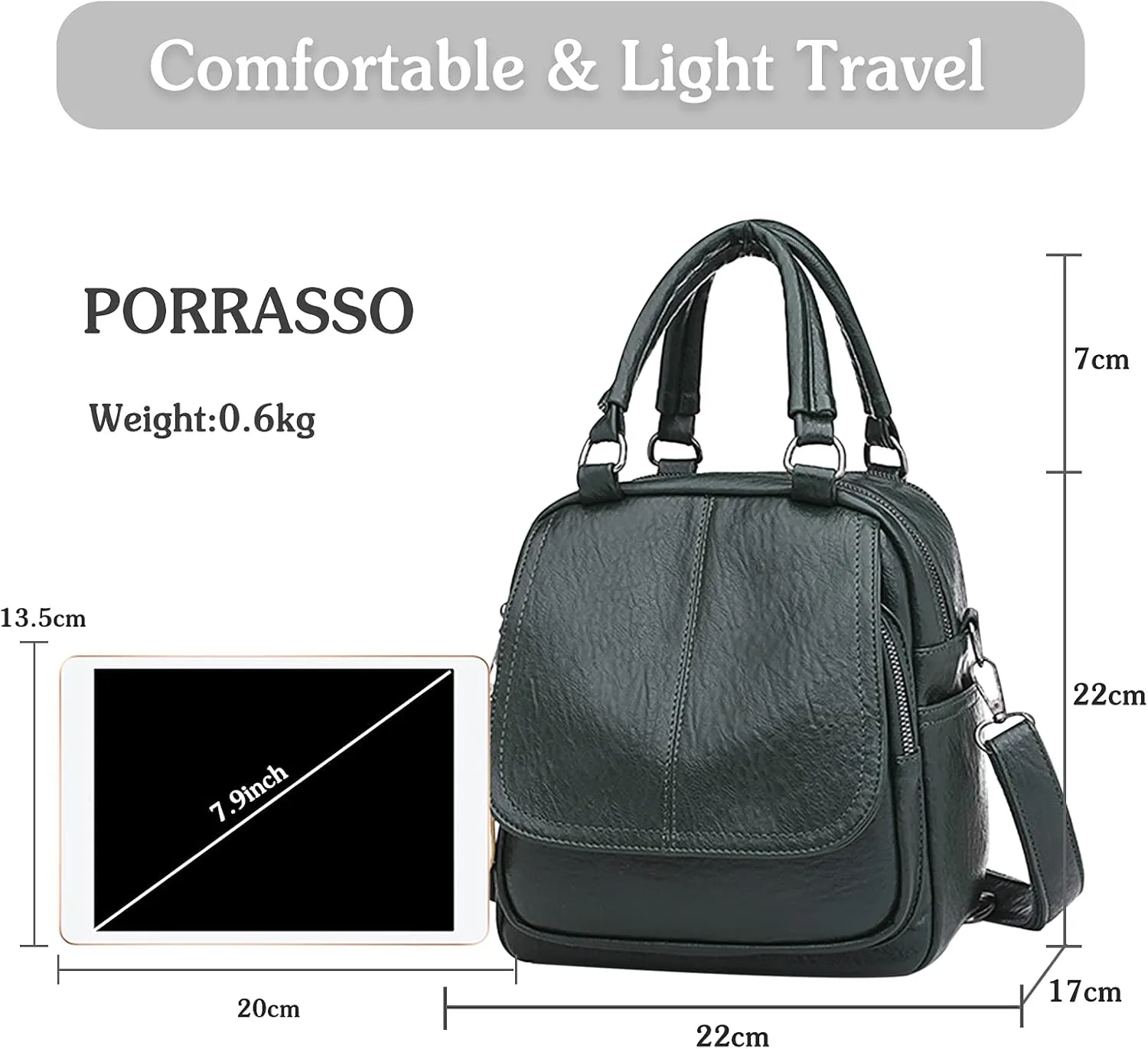 PORRASSO Backpack Purse Women Crossbody Bag Ladies Small Rucksack PU Waterproof Shoulder Bag Handbag Daypack for Travel Shopping Dating Green