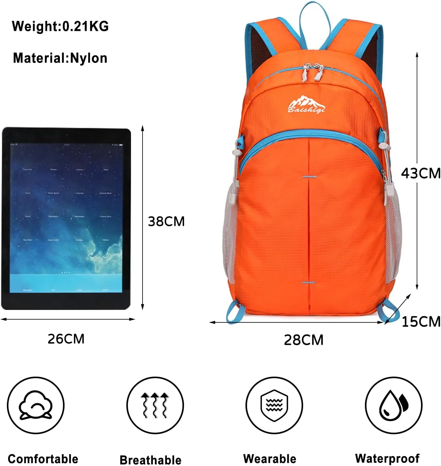 PORRASSO Foldable Backpack Hiking Daypack 20L Rucksack Lightweight Waterproof Backpack for Women Men Camping Travel Outdoor Sports Orange