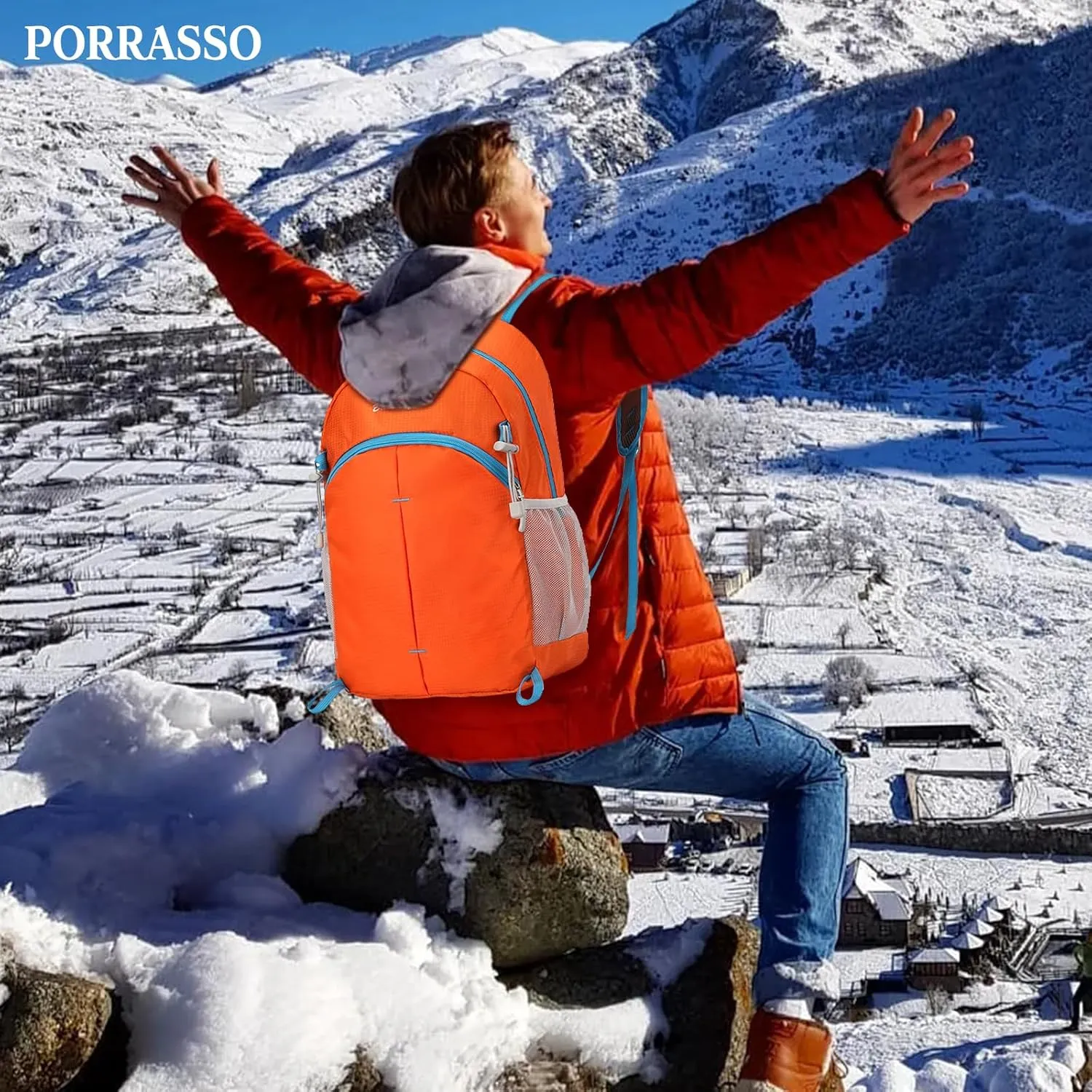 PORRASSO Foldable Backpack Hiking Daypack 20L Rucksack Lightweight Waterproof Backpack for Women Men Camping Travel Outdoor Sports Orange