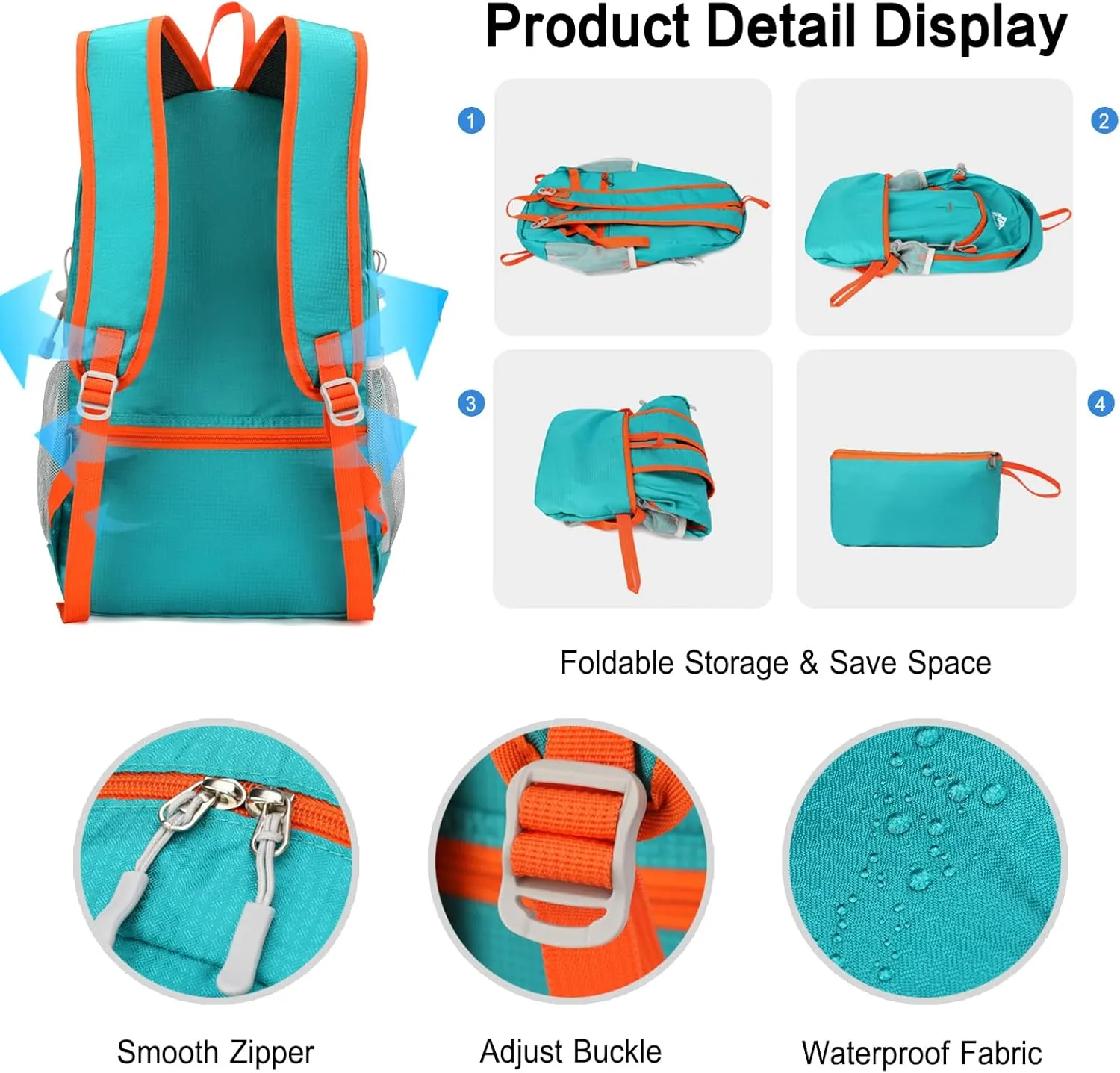 PORRASSO Foldable Backpack Hiking Daypack 20L Rucksack Lightweight Waterproof Backpack for Women Men Camping Travel Outdoor Sports Orange