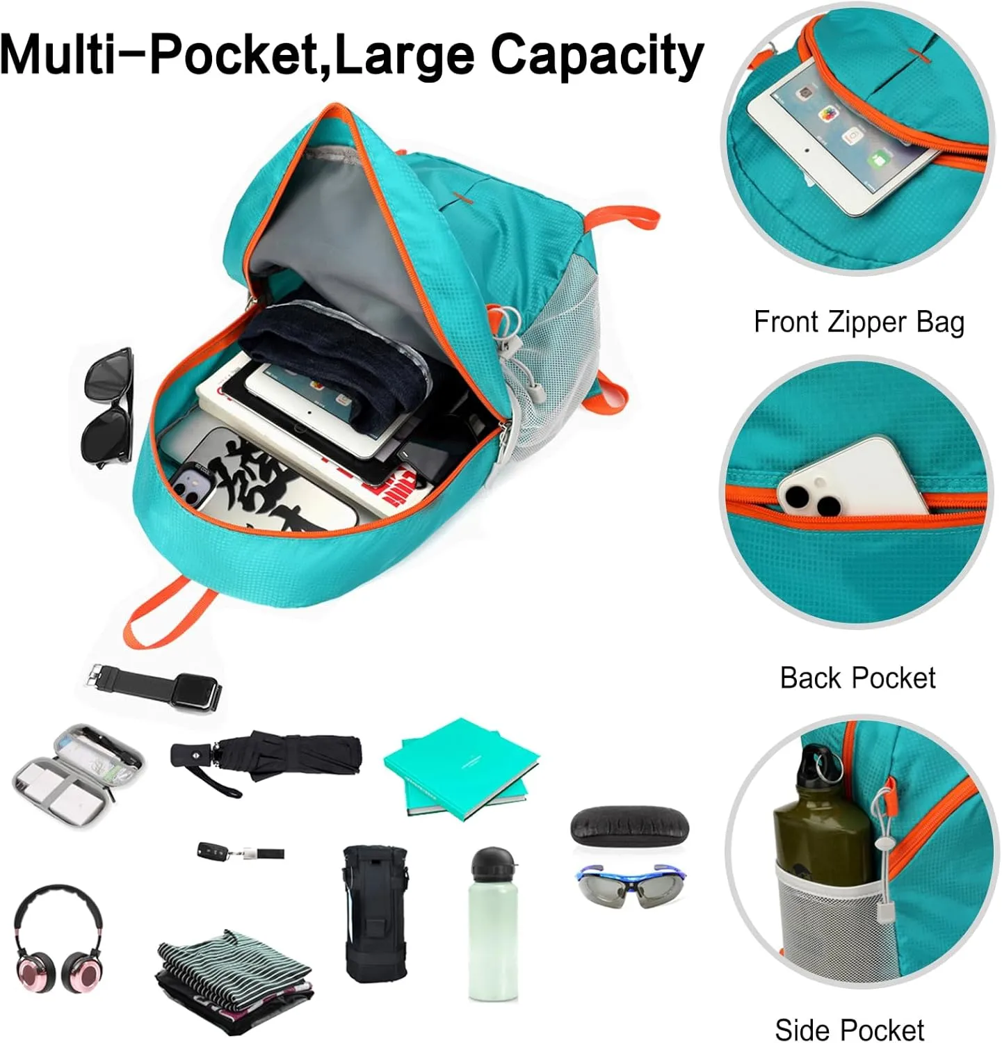 PORRASSO Foldable Backpack Hiking Daypack 20L Rucksack Lightweight Waterproof Backpack for Women Men Camping Travel Outdoor Sports Orange